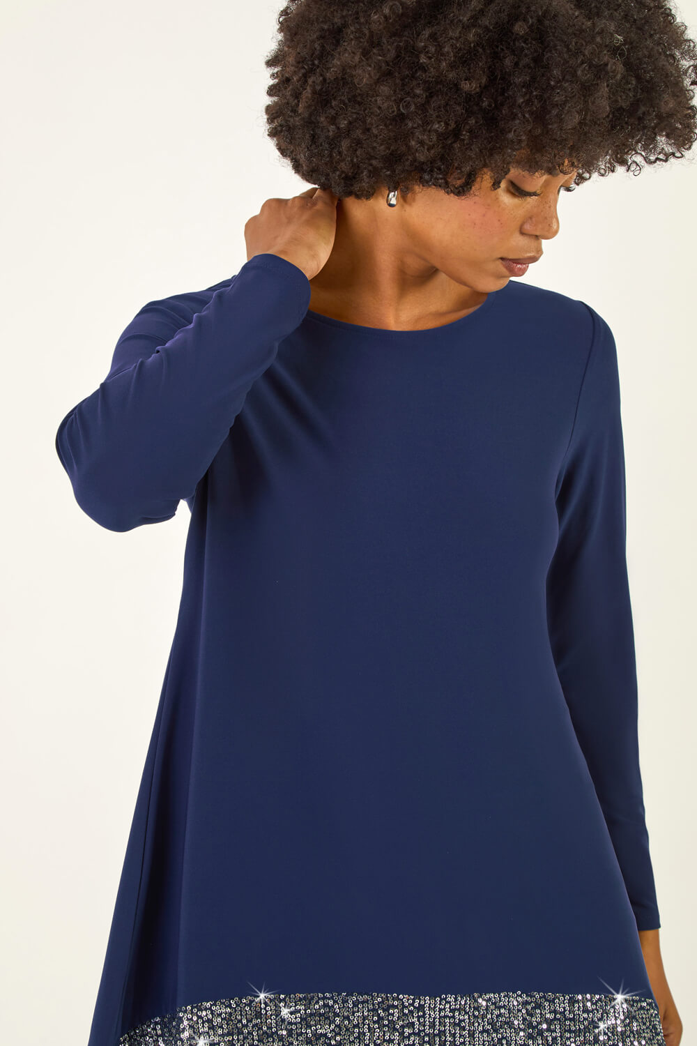 Navy Sequin Hem Tunic Stretch Top, Image 5 of 5