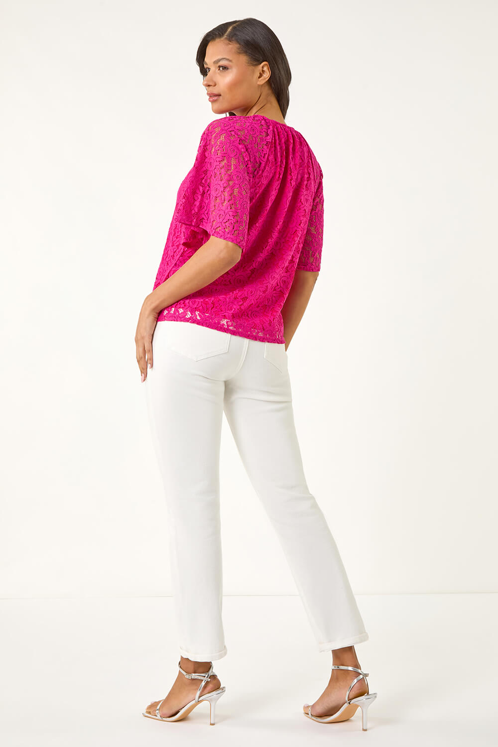 Magenta Lace Angel Sleeve Stretch Top, Image 4 of 5