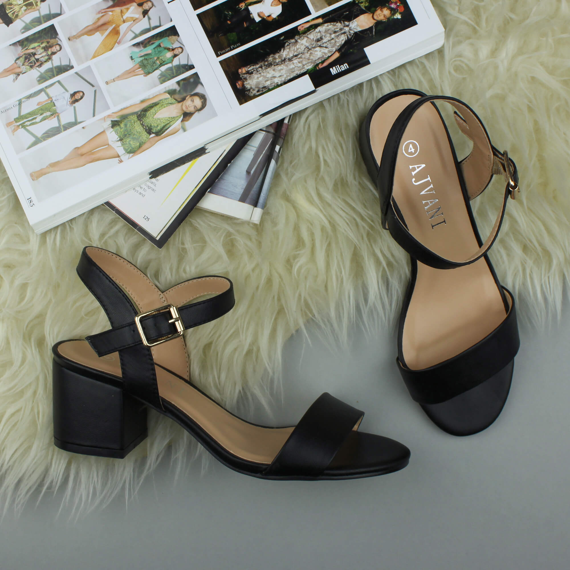 Black AJVANI Black Mid Block Heel Strappy Sandals, Image 4 of 6