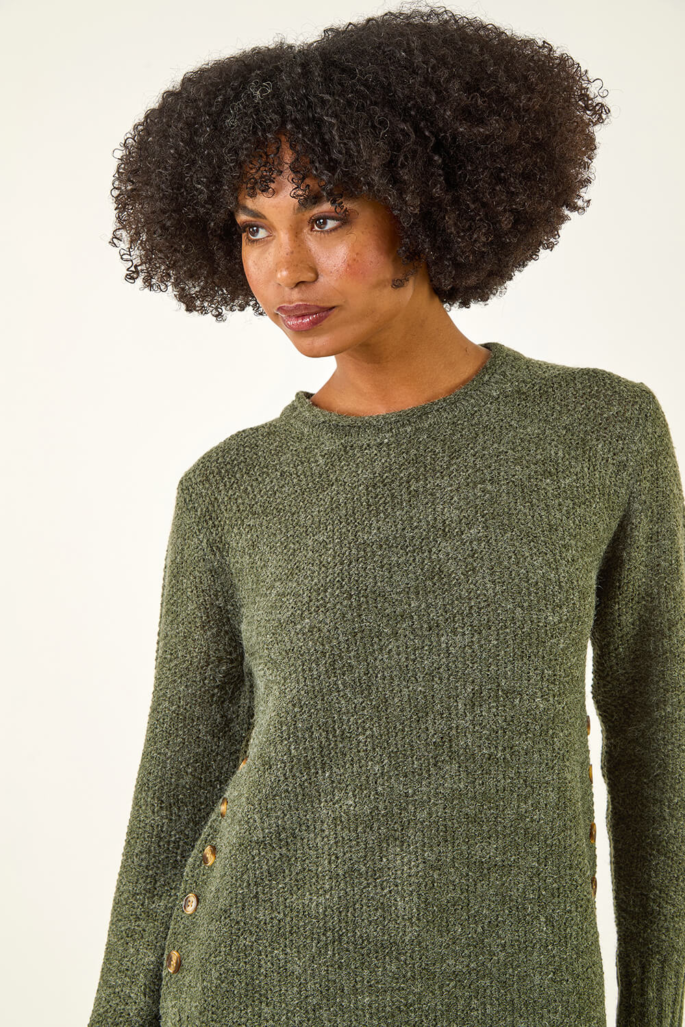 Khaki Button Detail Curved Hem Jumper, Image 6 of 6