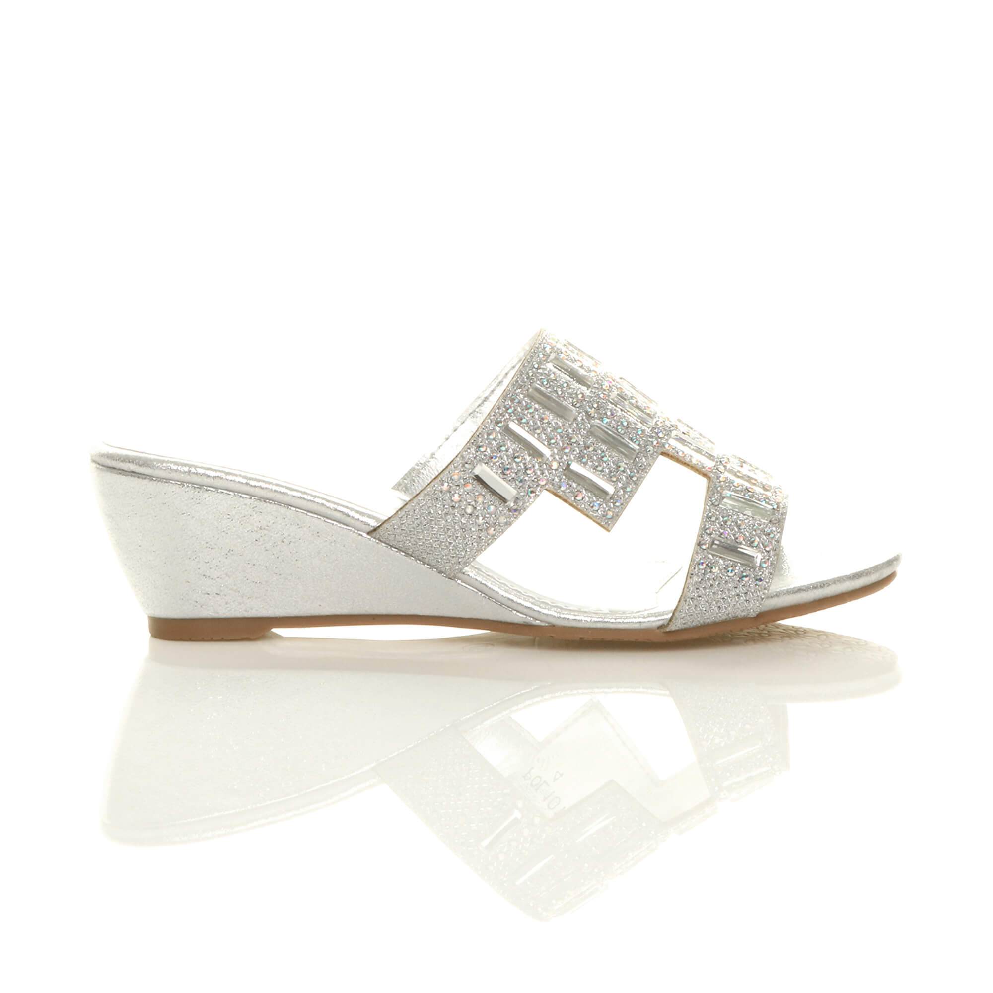 Silver AJVANI Silver Low Wedge Heel Diamante Sandals Mules, Image 2 of 6