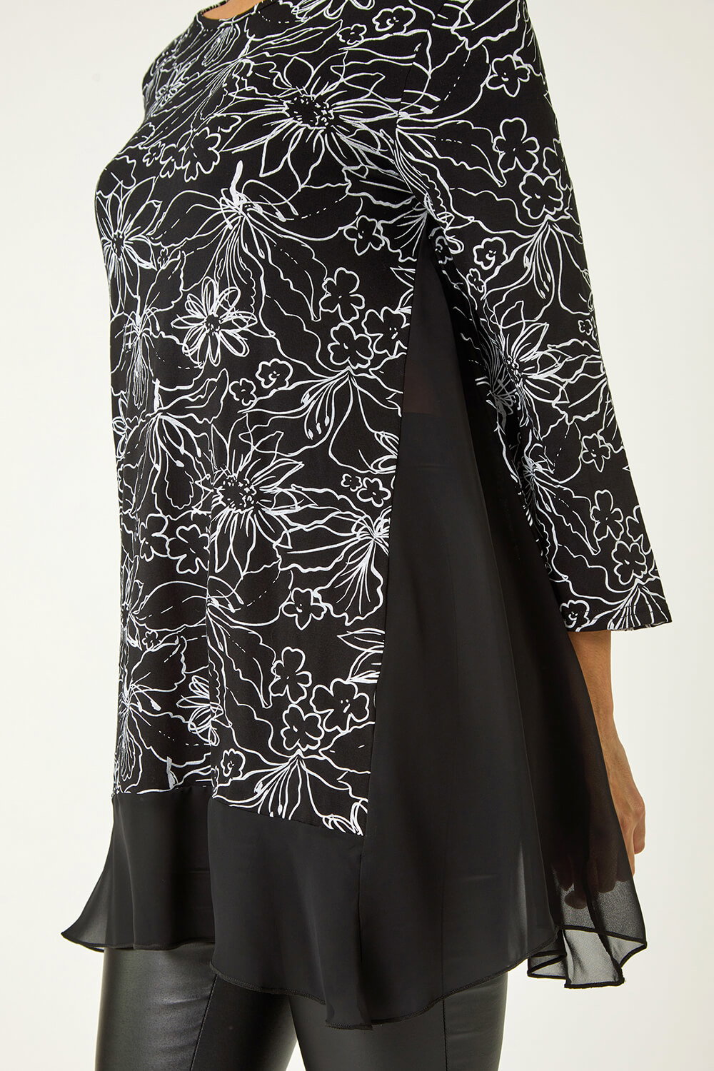 Black Floral Print Mesh Hem Tunic Top, Image 6 of 5