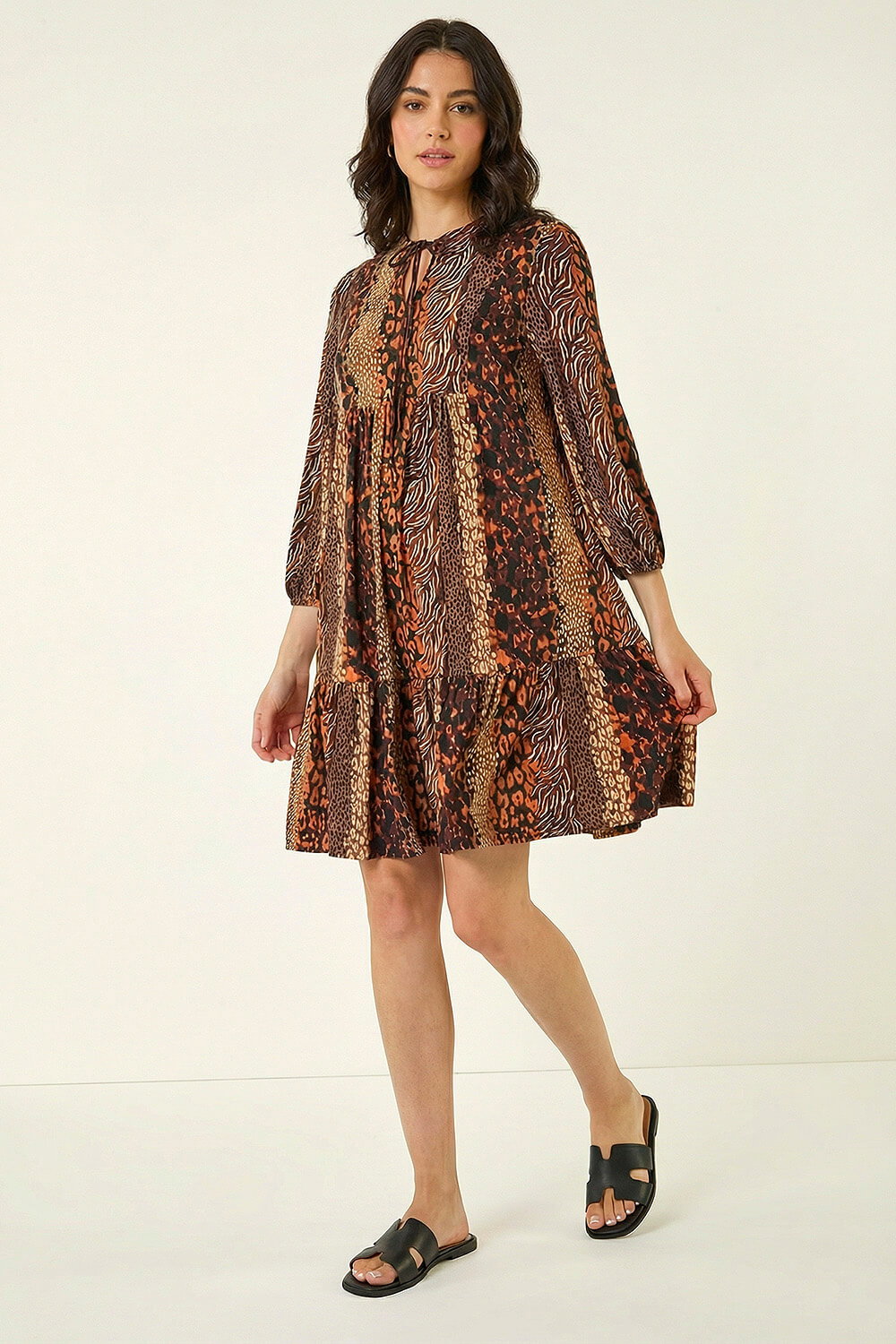 Tan Abstract Print Smock Stretch Dress, Image 3 of 6