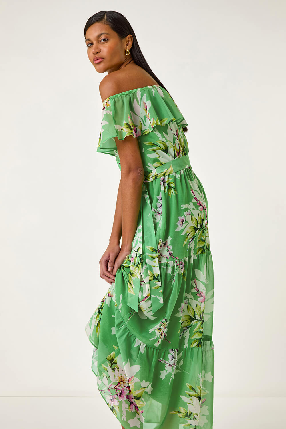 Green Floral Bardot Belted Maxi Dress, Image 1 of 5