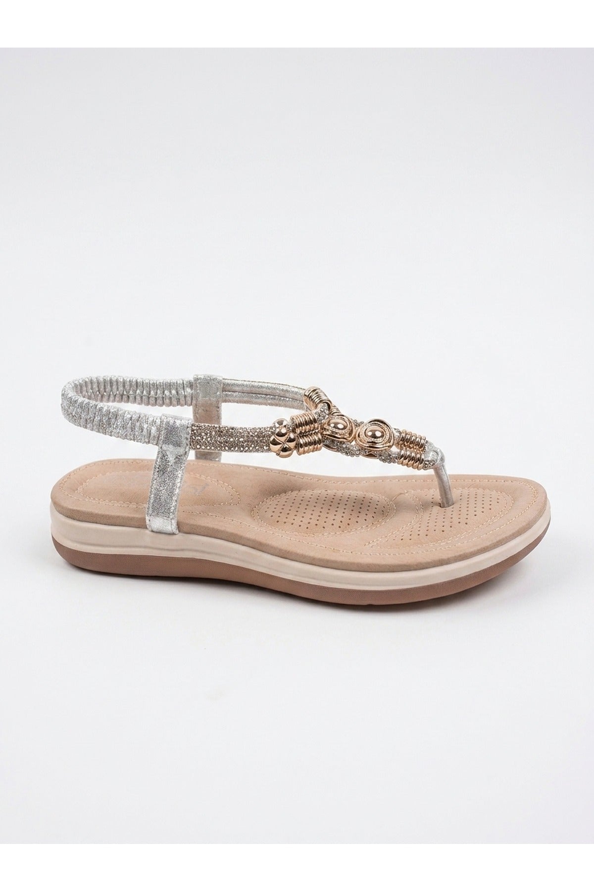 Silver iKrush Silver Pearl Embellished T Bar Flat Sandals, Image 1 of 5