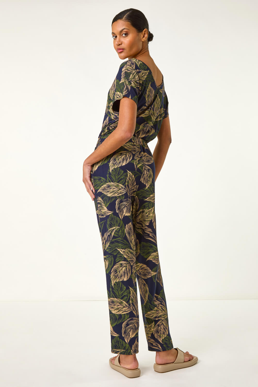 Navy Leaf Print V-Neck Jumpsuit, Image 4 of 5
