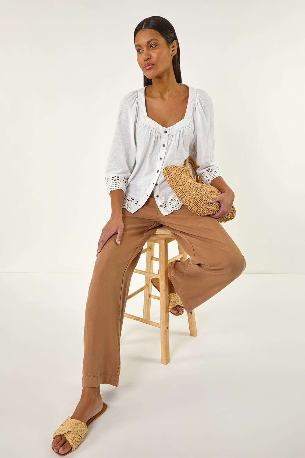 Ivory  Cotton Broderie Hem Blouse, Image 1 of 5