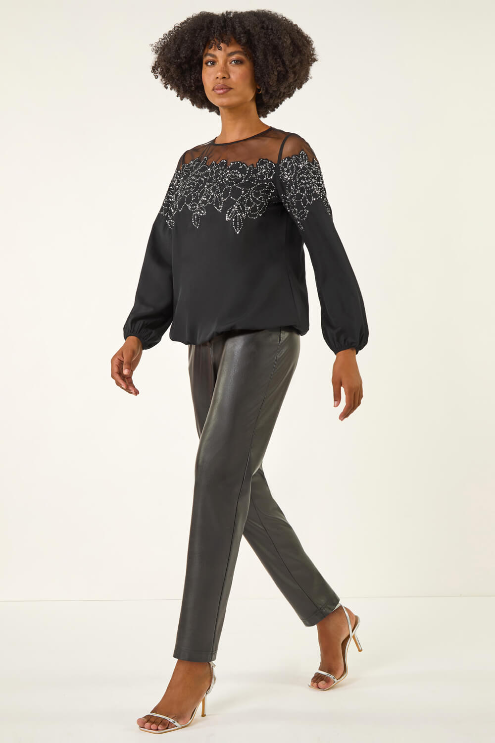 Black Sequin Detail Bubble Hem Top, Image 3 of 6