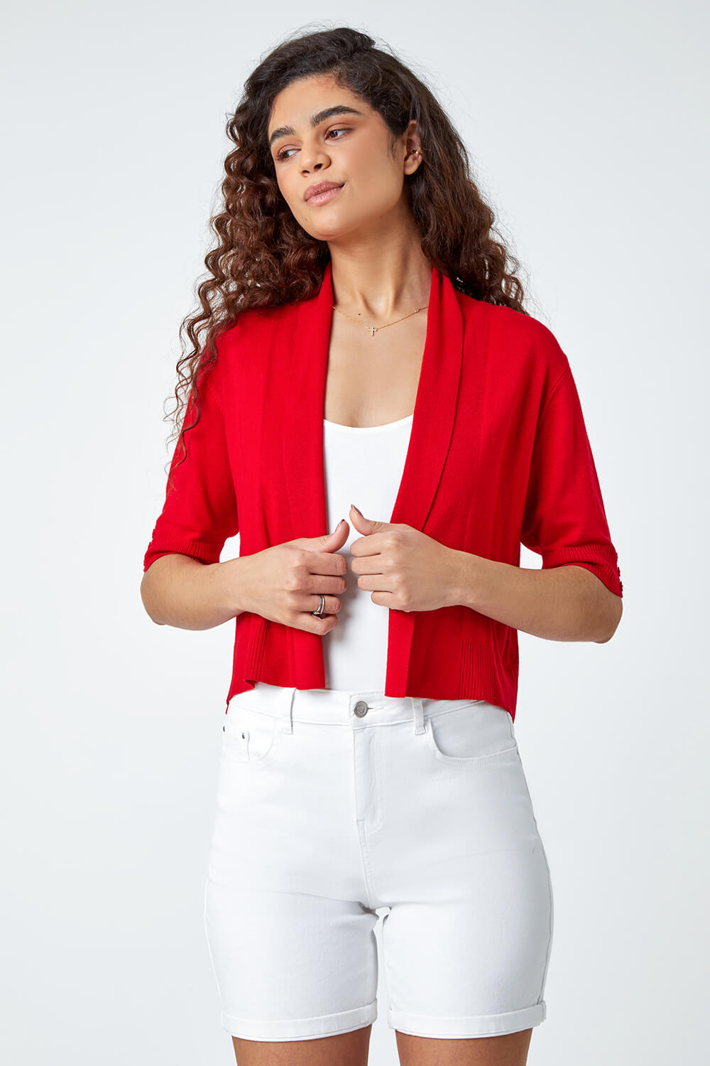 Red Button Cuff Knitted Shrug, Image 5 of 5