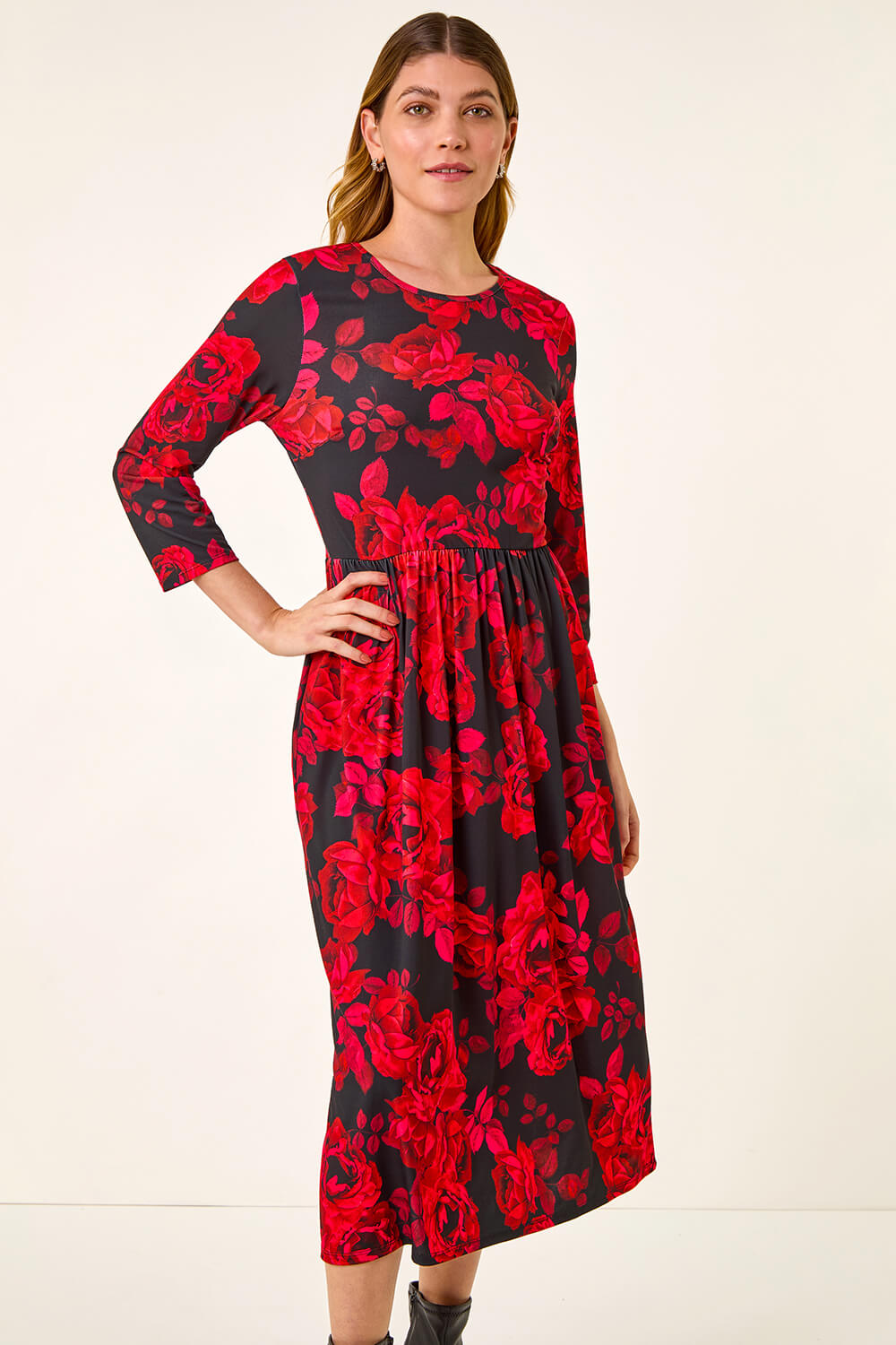 Red Rose Print Gathered Stretch Midi Dress, Image 5 of 5