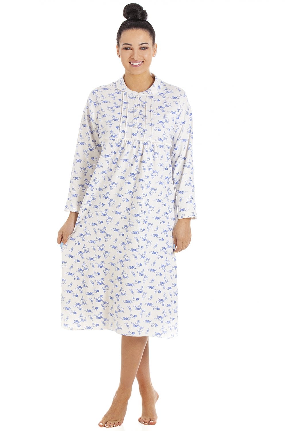 Blue Camille Lingerie Blue Heavyweight Floral Long Sleeve Jersey Nightdress, Image 1 of 5