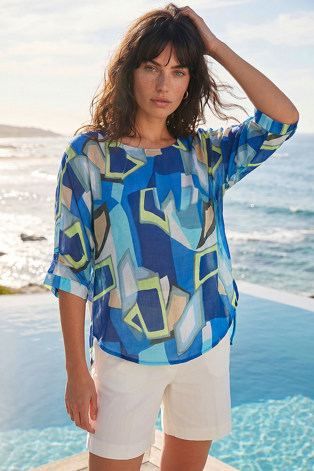 Blue Abstract Print Stretch Top, Image 1 of 4