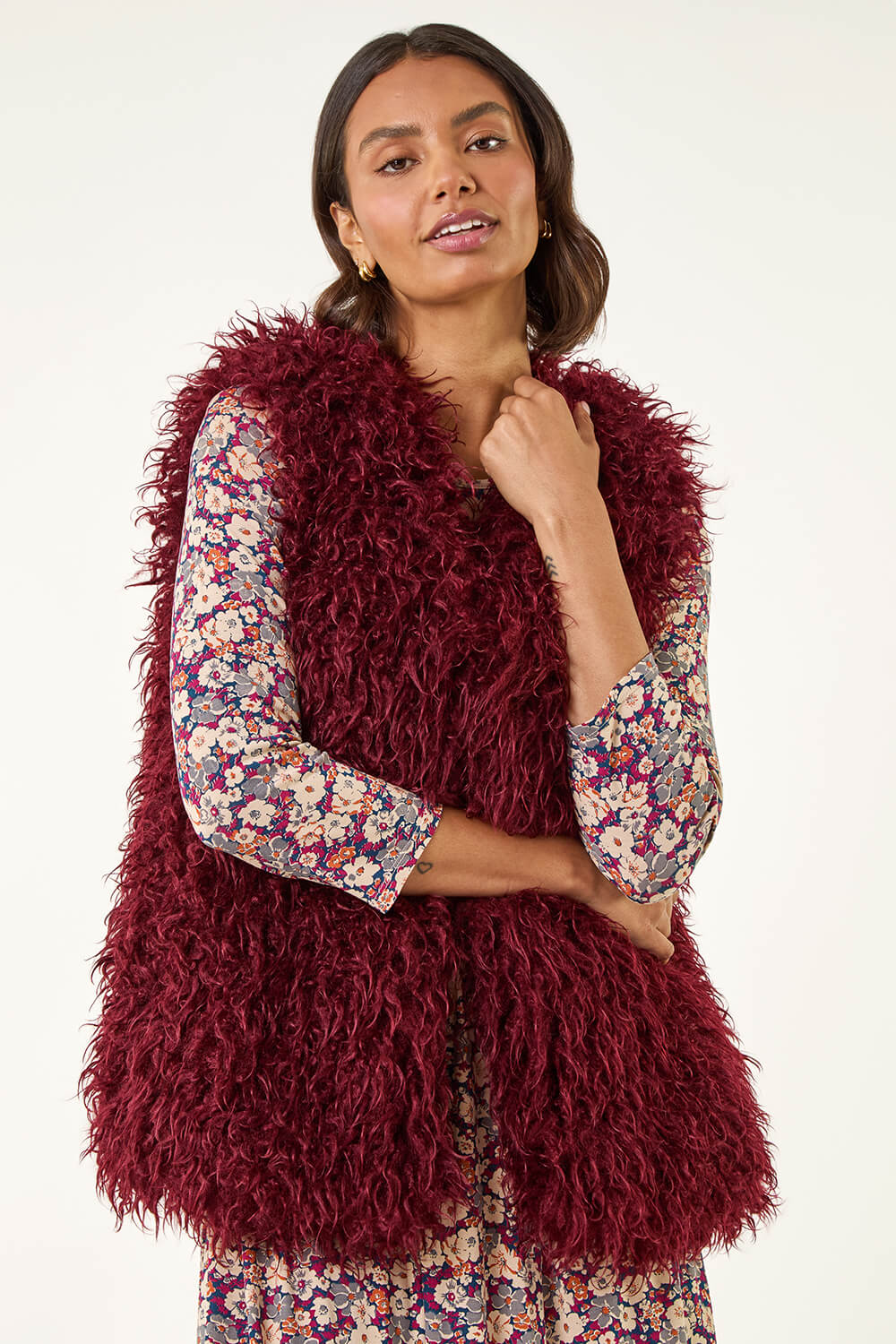 Burgundy Longline Faux Fur Gilet, Image 5 of 5