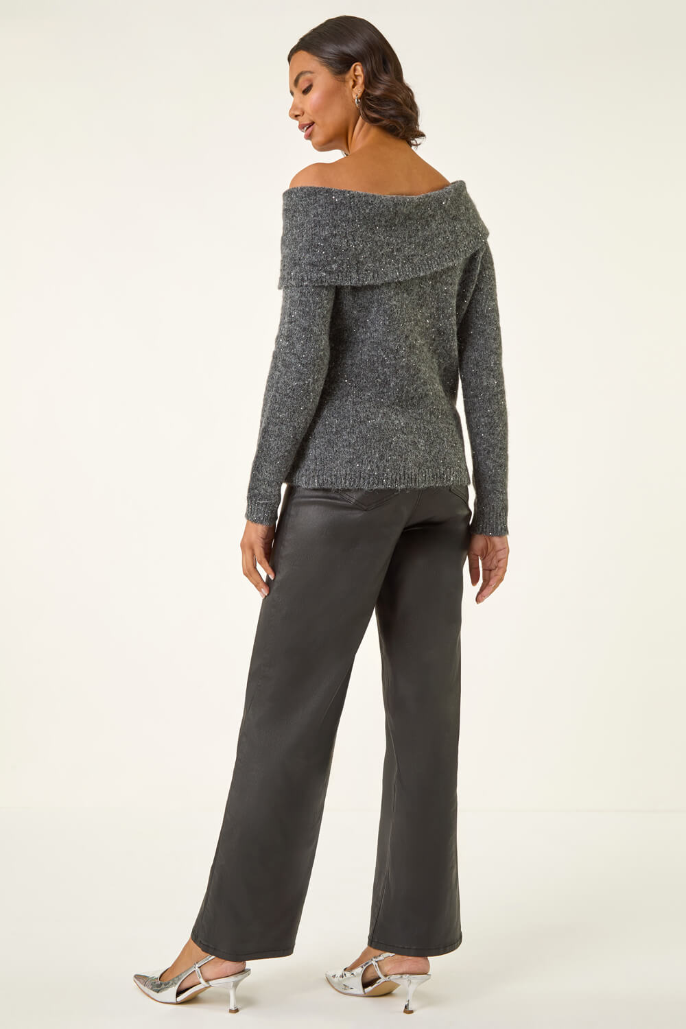 Dark Grey Bardot Sparkly Knit Jumper, Image 4 of 5
