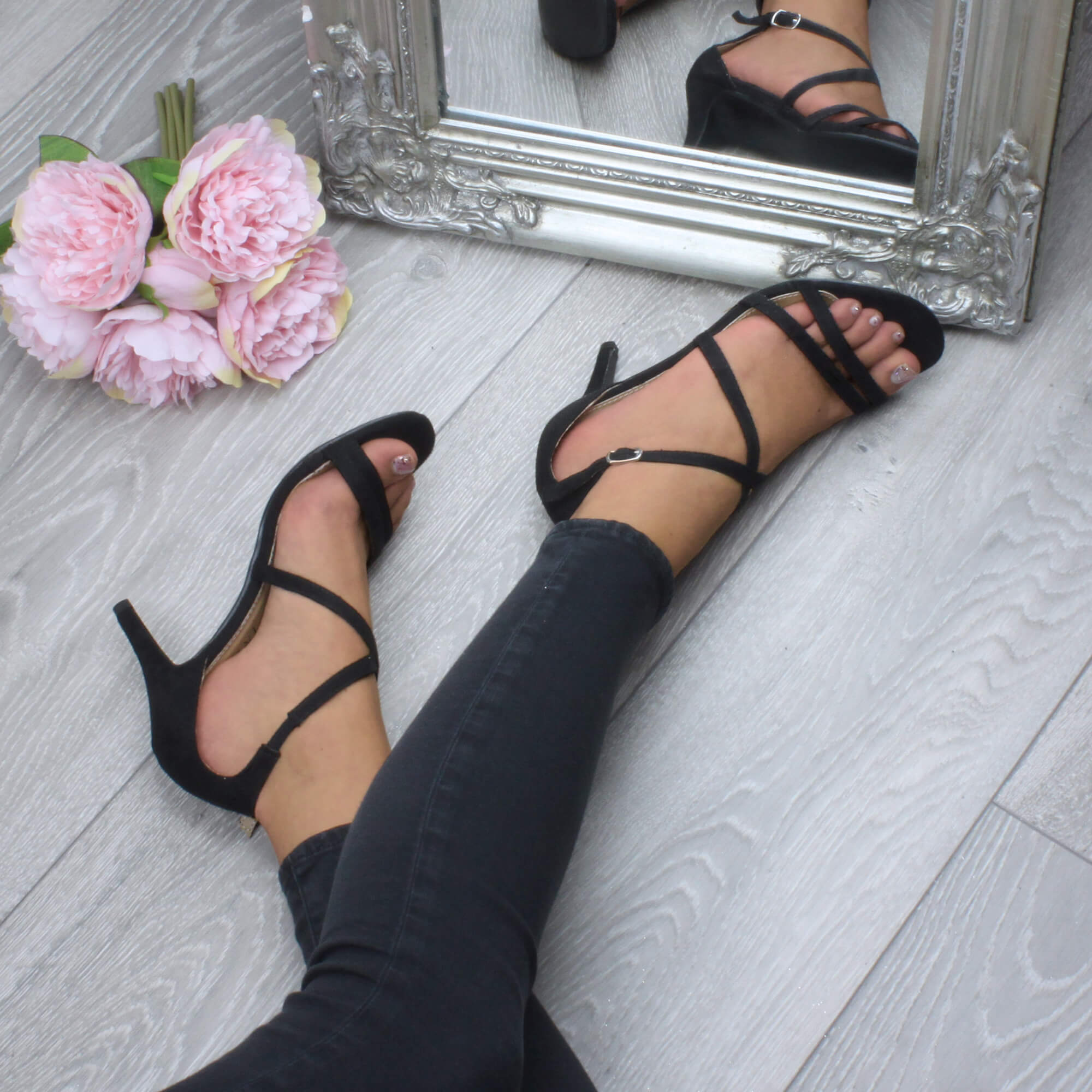 Black AJVANI Black High Heel Crossed Straps Buckle Strappy Sandals, Image 5 of 6