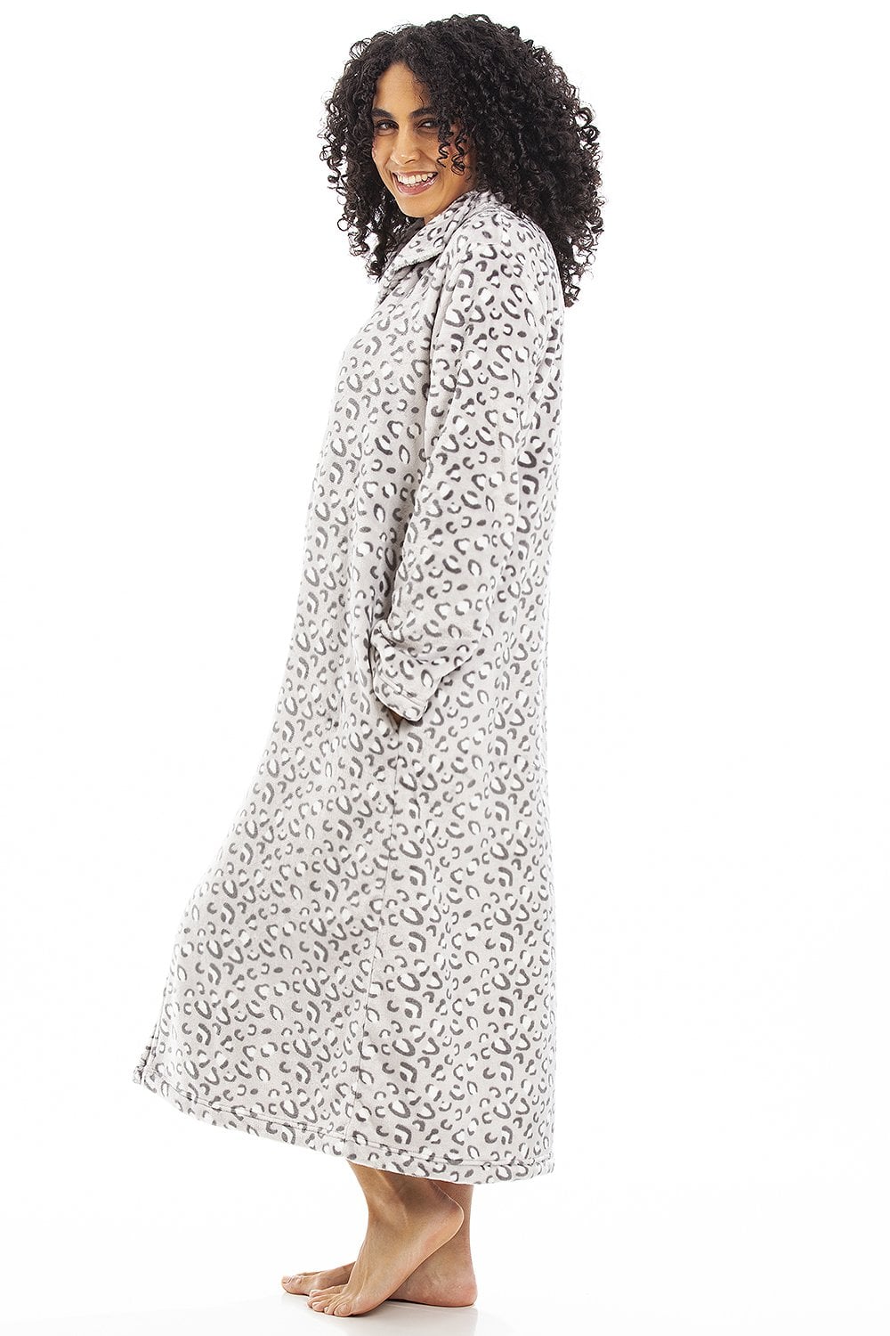 Light Grey Camille Lingerie Light Grey Supersoft Fleece Zip Up Animal Print Robes, Image 3 of 5