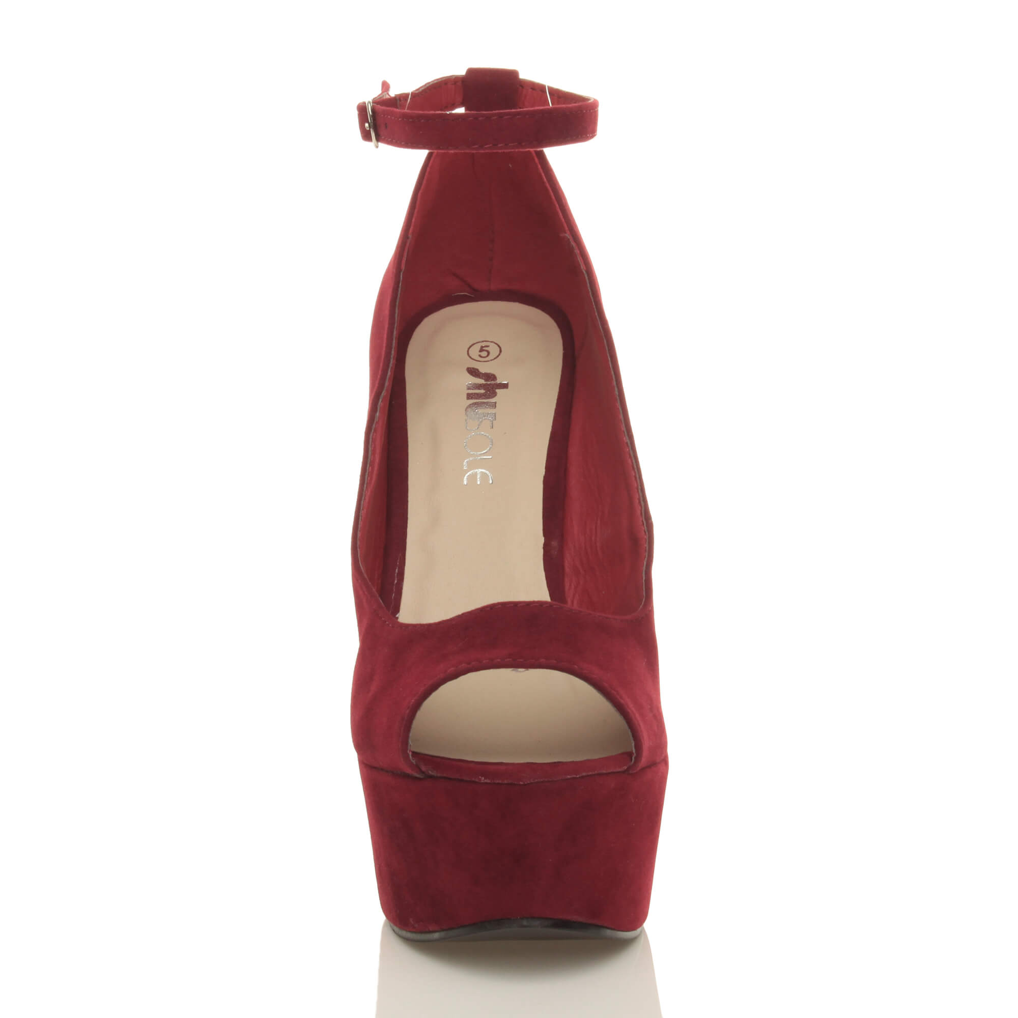 Burgundy High Wedge Heel Ankle Strap Platform Peep Toe Shoes, Image 6 of 6