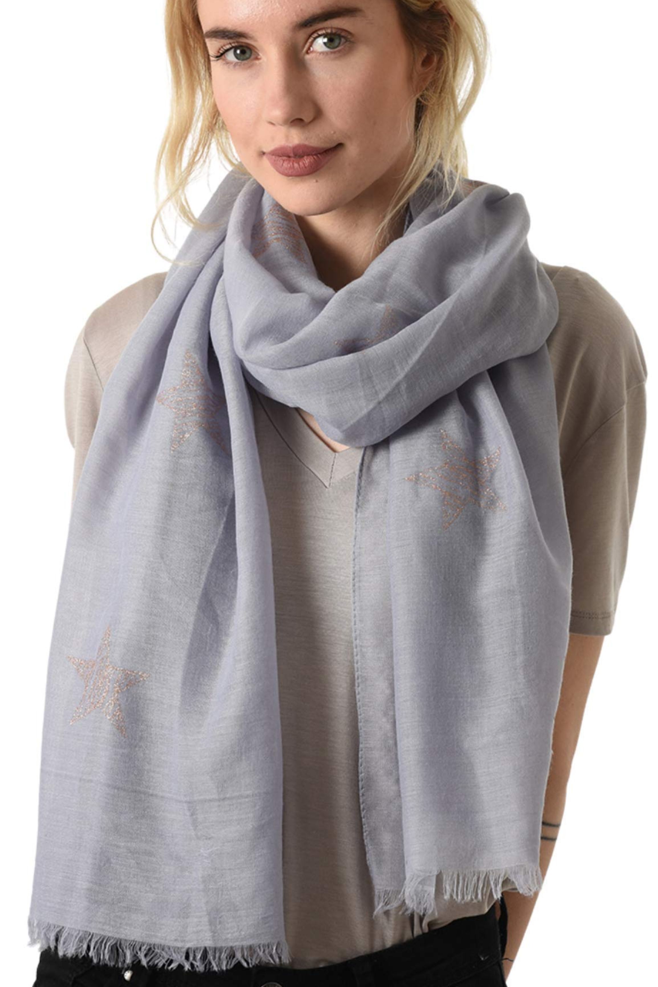 Light Grey Rose Gold Glitter Star Lightweight Scarf, Image 1 of 2
