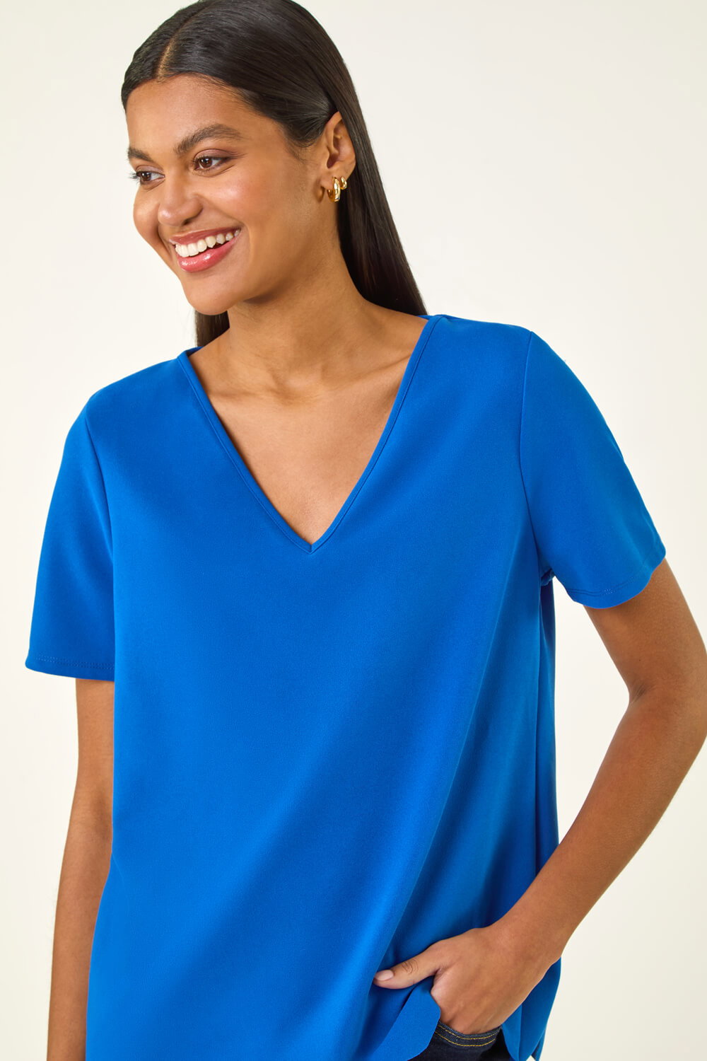 Roman Women's Royal Blue Scalloped Hem V-Neck T-Shirt Size 18