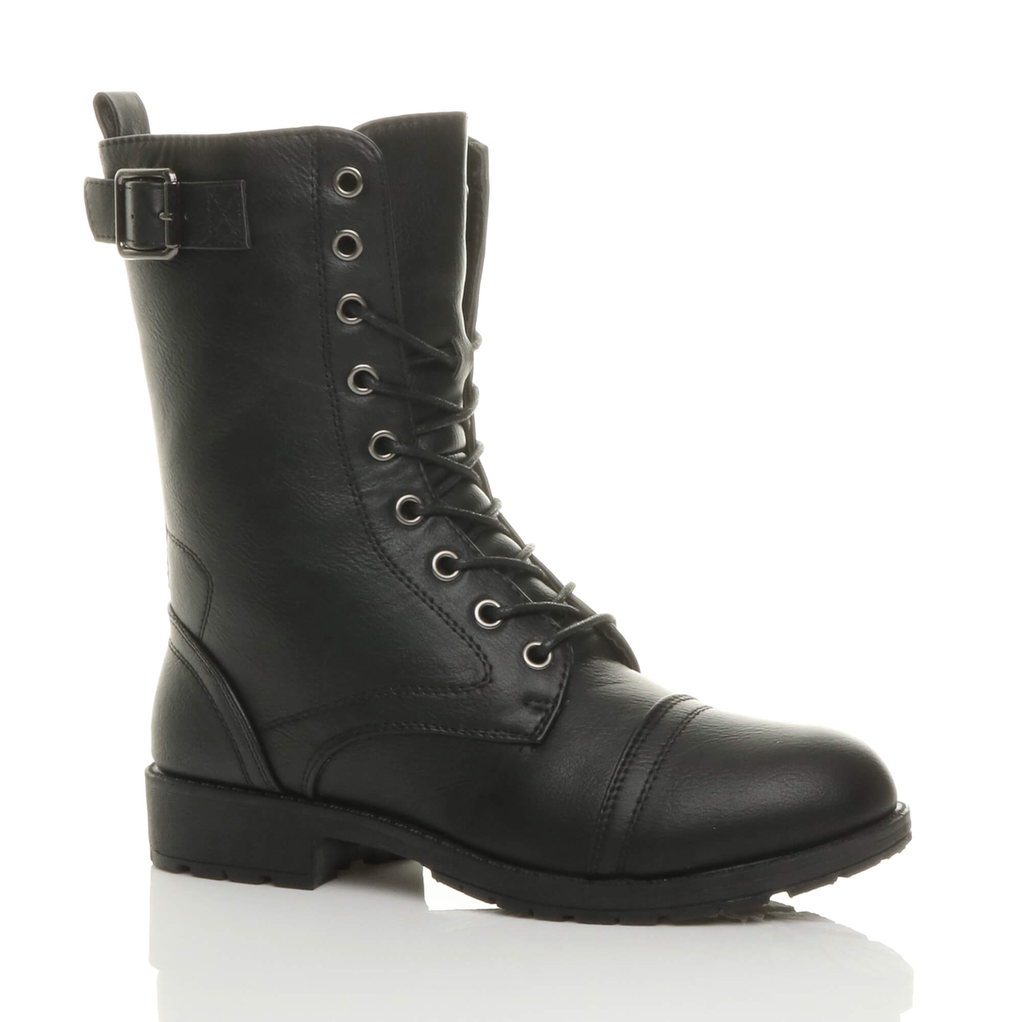 Black AJVANI Black Lace Up Buckles Military Biker Ankle Boots, Image 1 of 6