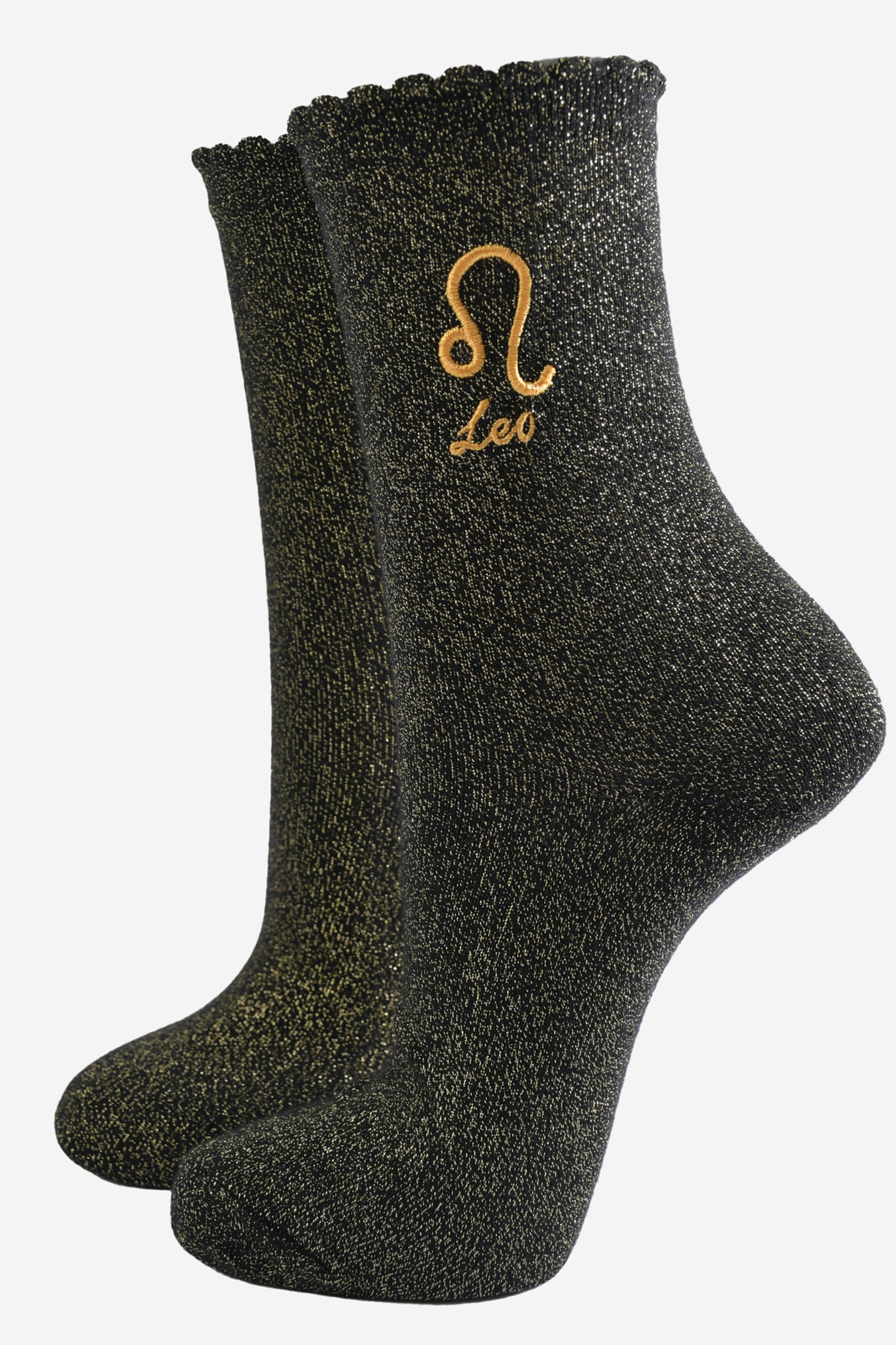 Black Embroiderd Leo Zodiac Glitter Socks, Image 1 of 3