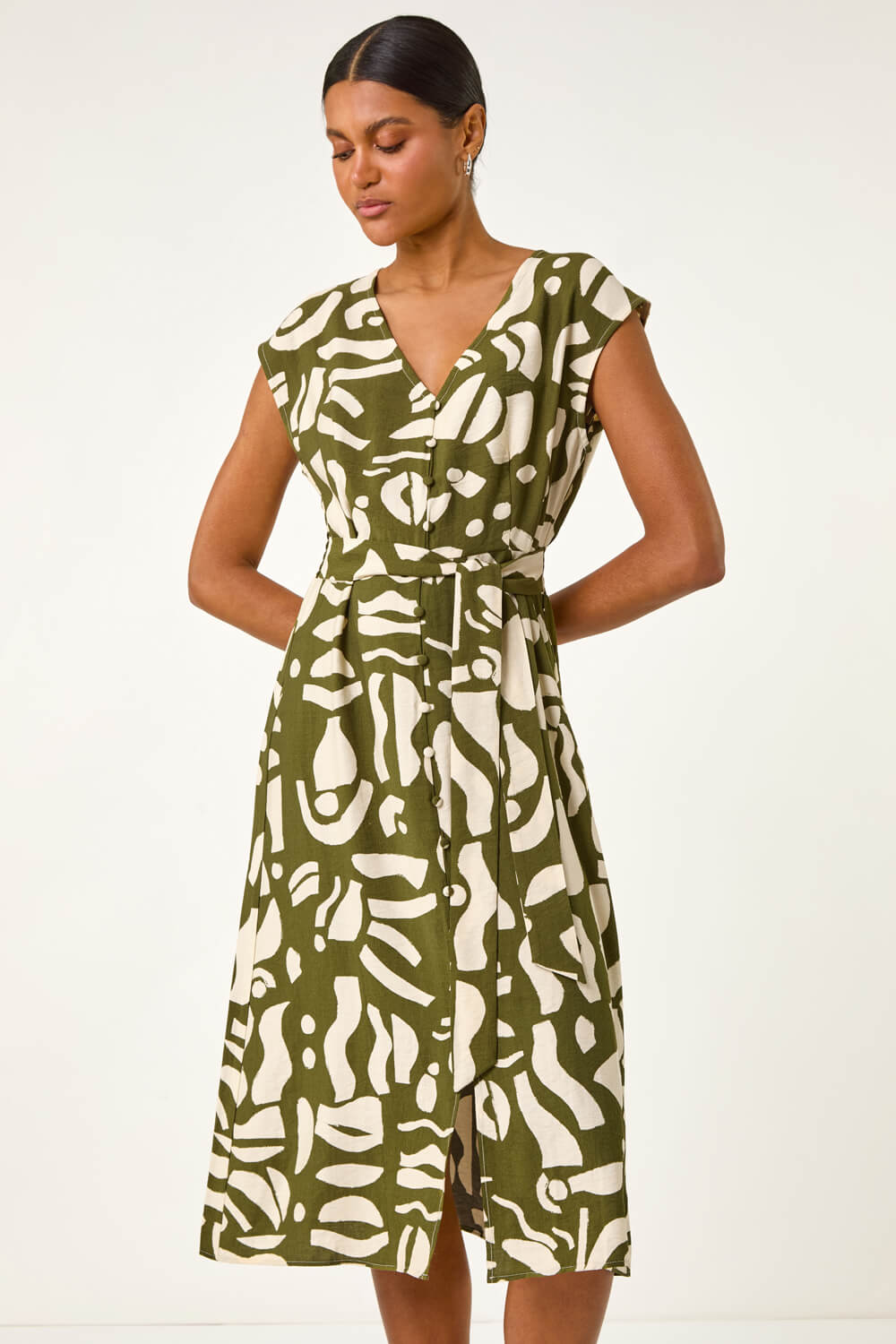KHAKI Geometric Buttoned Midi Dress, Image 5 of 5