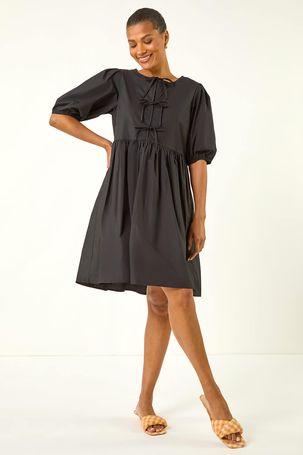 Black Tie Front Smock Dress, Image 3 of 5