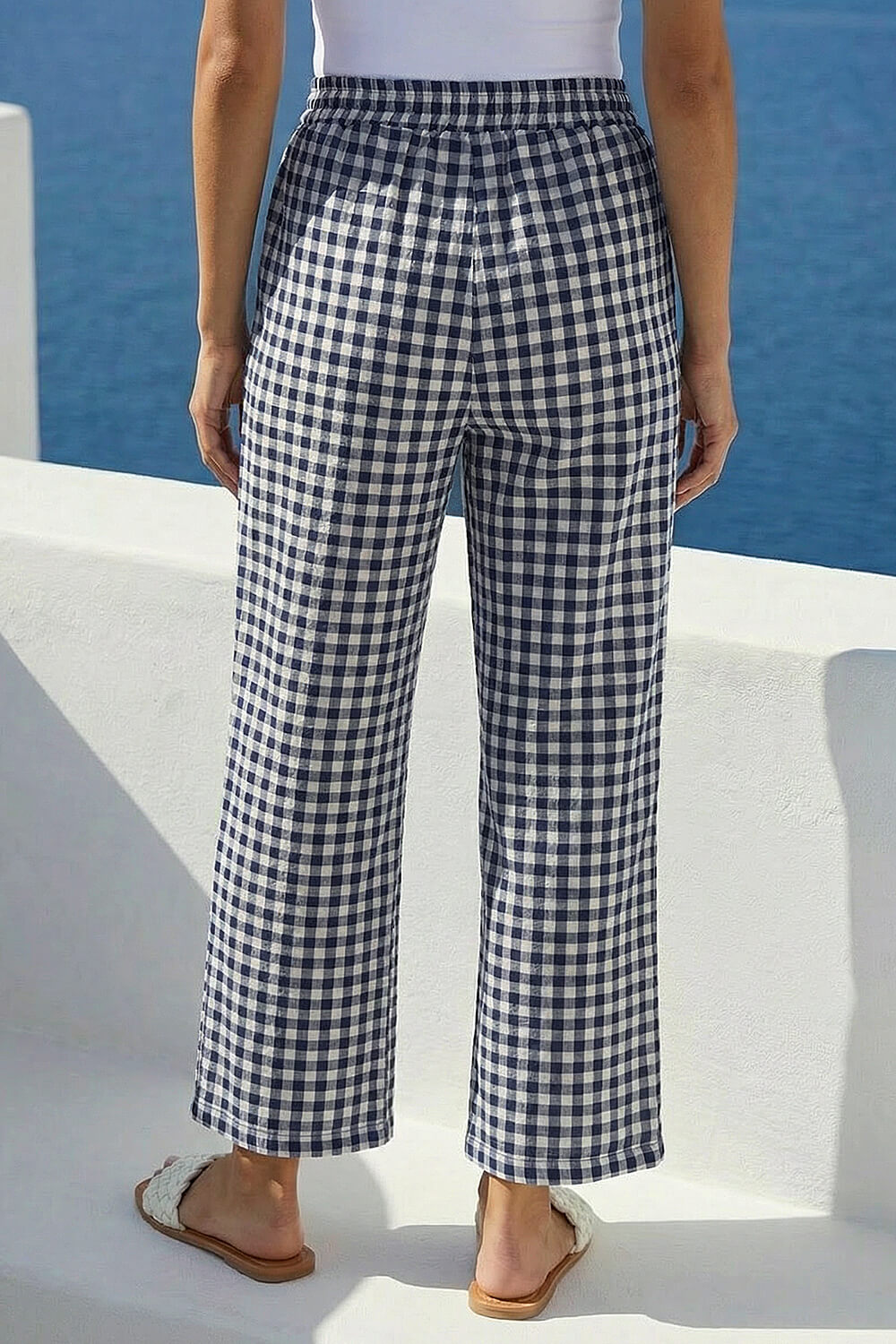 Navy Gingham Tie Waist Cropped Trouser , Image 4 of 4