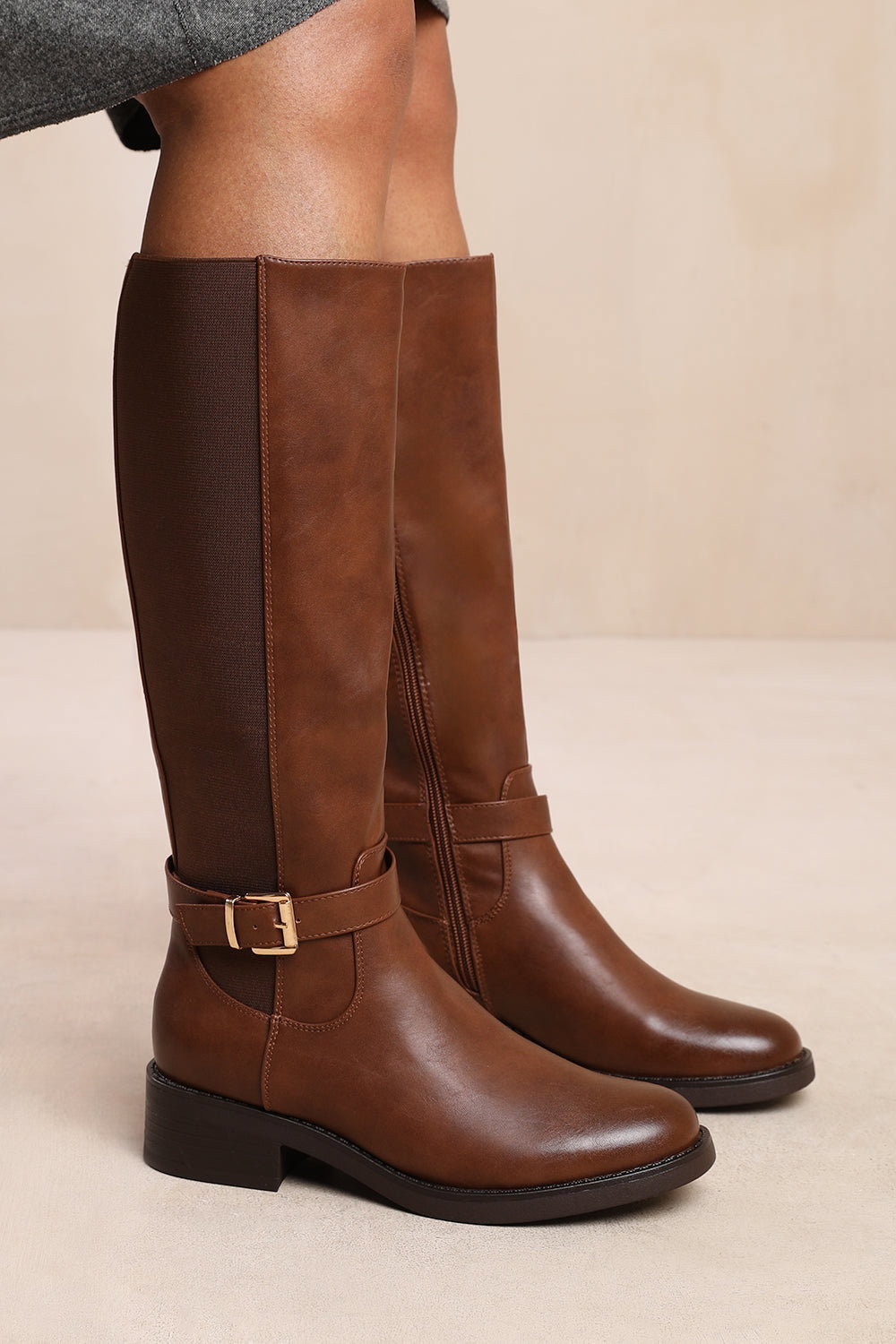 Brown 'Bode' Knee High Boots With Buckle Detail, Image 4 of 4