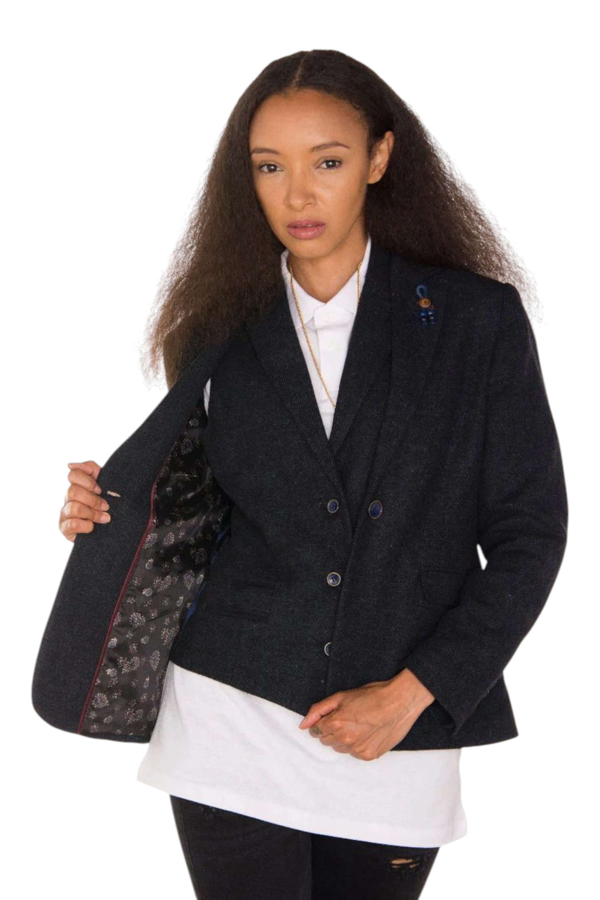Navy Blue Infinity Leather Navy Blue Tweed 1920s Herringbone Navy Blazer, Image 2 of 6
