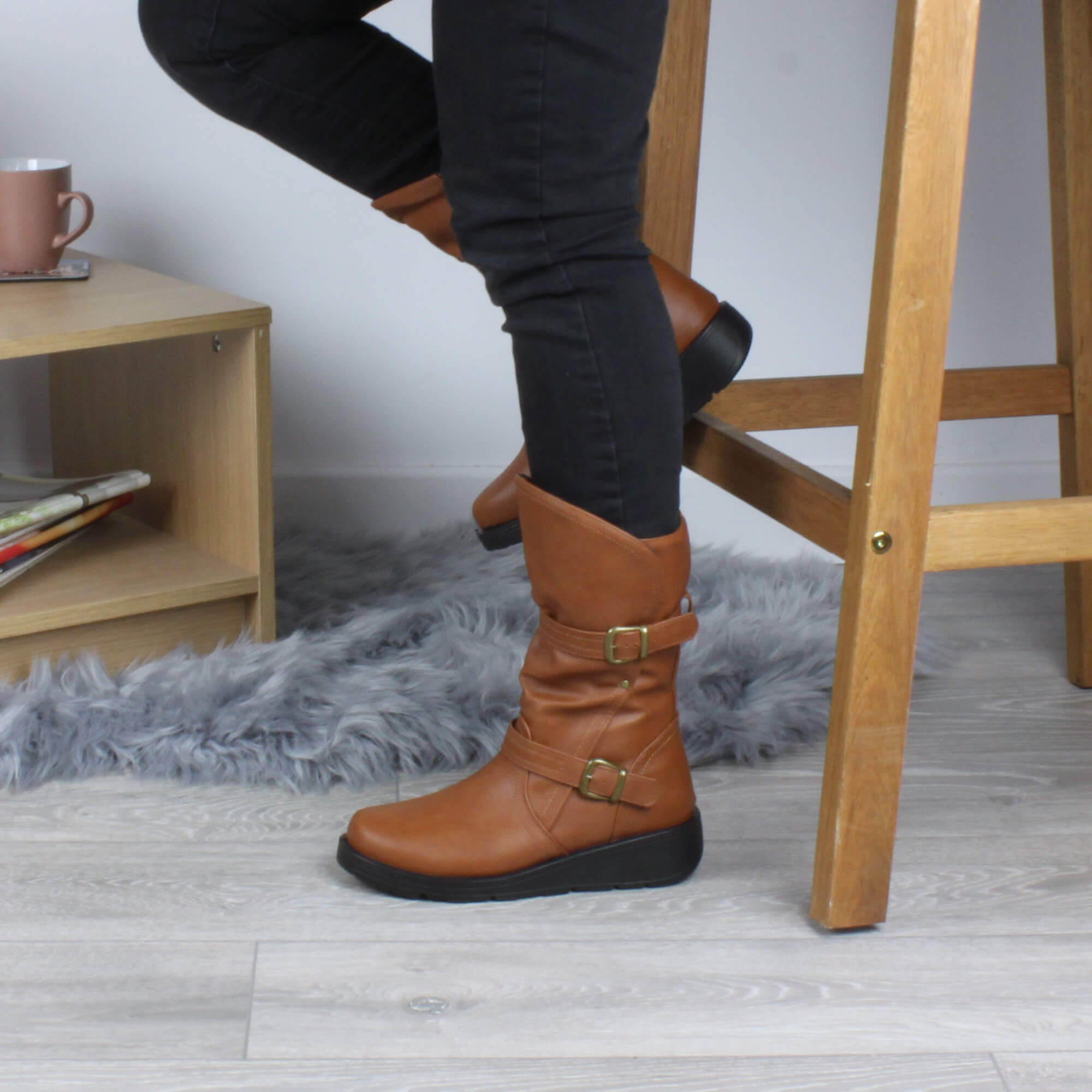 Tan Low Wedge Heel Comfort Calf Biker Boots, Image 5 of 6