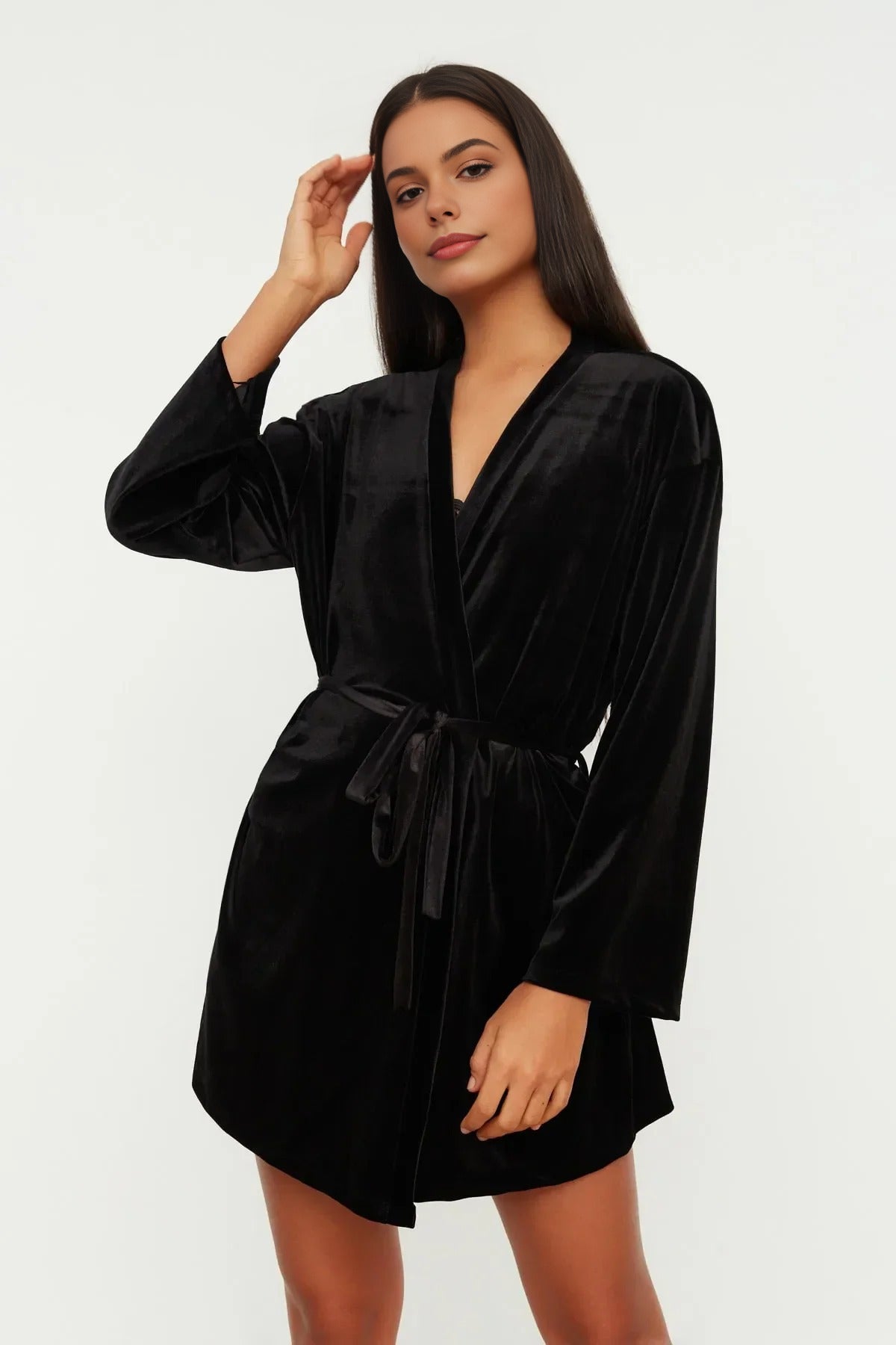 Black WOVCOR Black Soft Feeling Velvet Knit Dressing Gown, Image 1 of 3