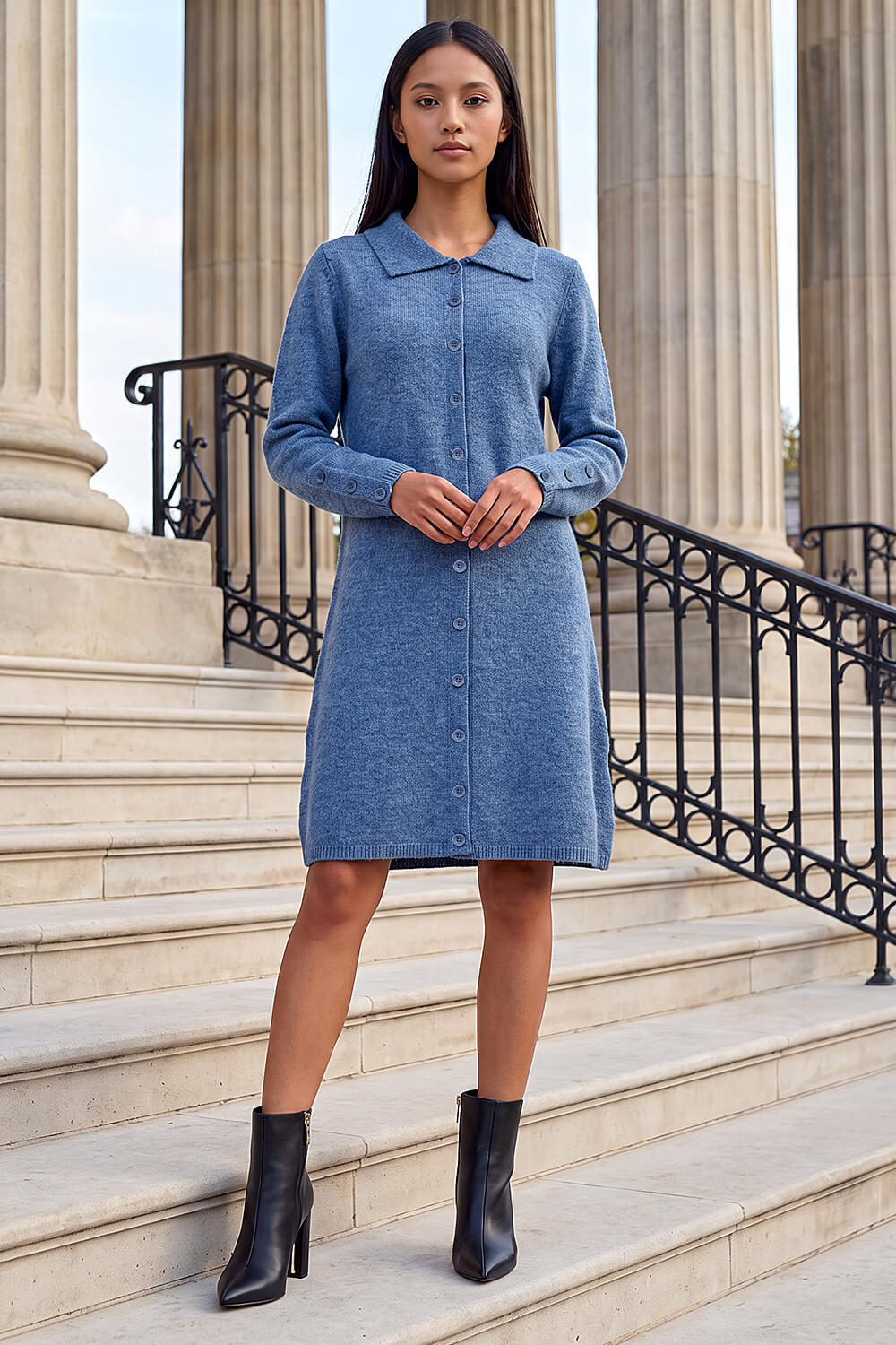 Roman Petite Women's Blue Collared Knit Shift Dress Size 10