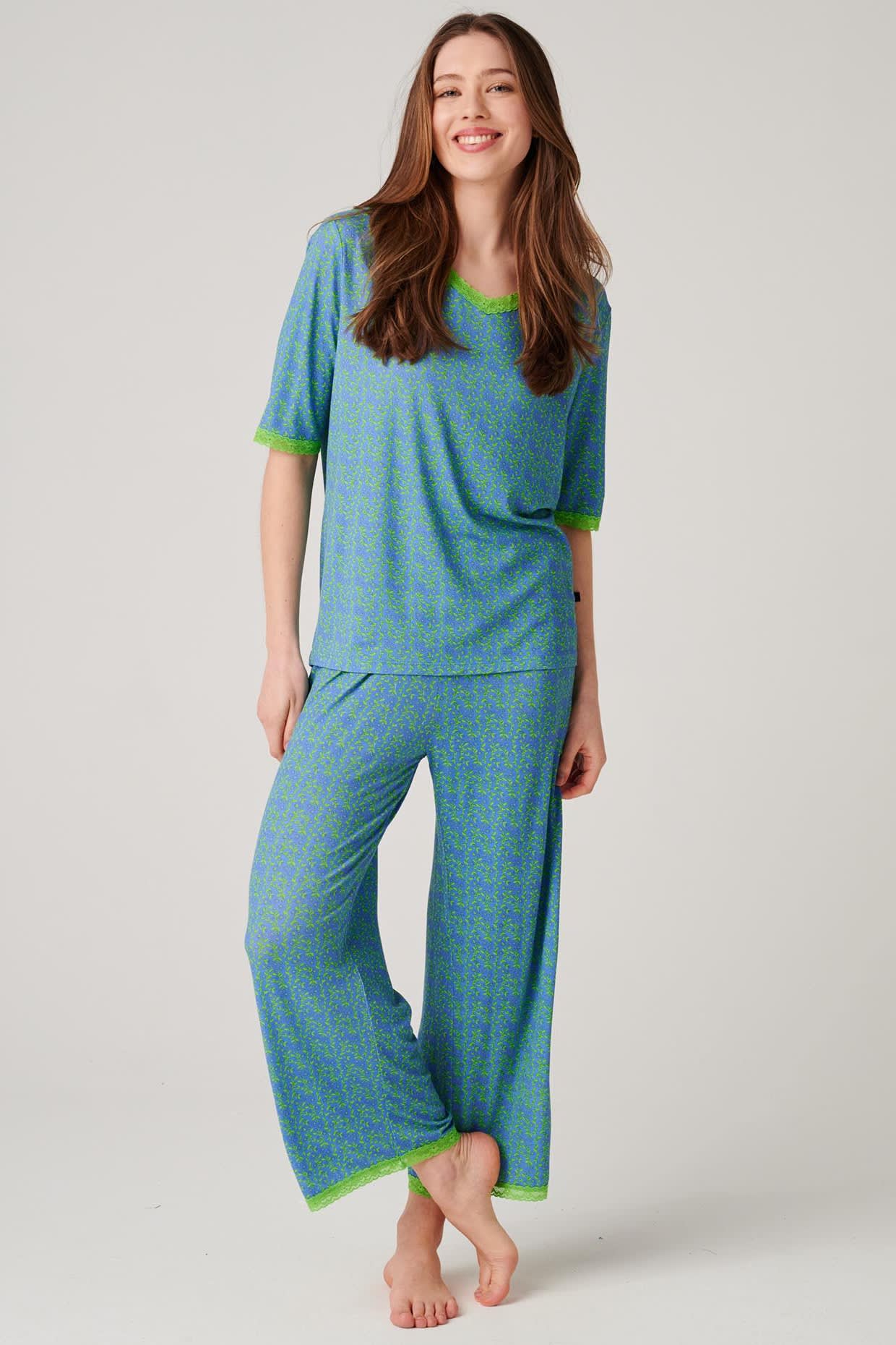 Blue Fluorescent British Boxers Blue Fluorescent "Blooming Fabulous" Bamboo Lace Pyjama Set, Image 1 of 6