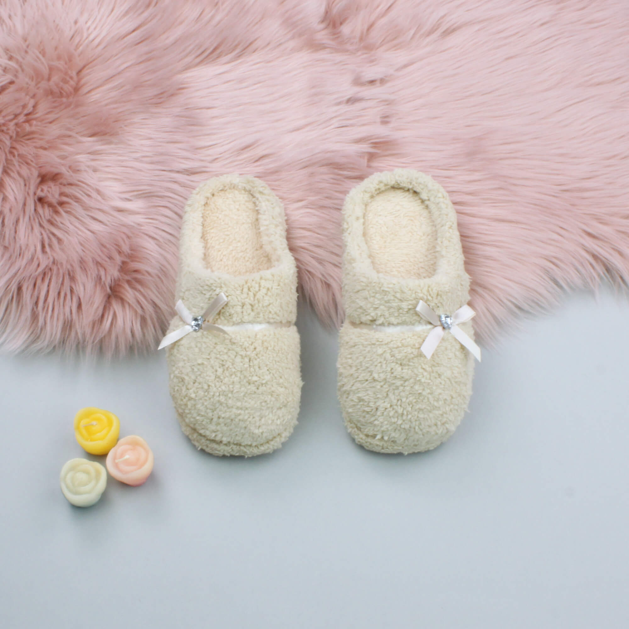 Beige AJVANI Beige Fleece Mules Slippers, Image 3 of 5