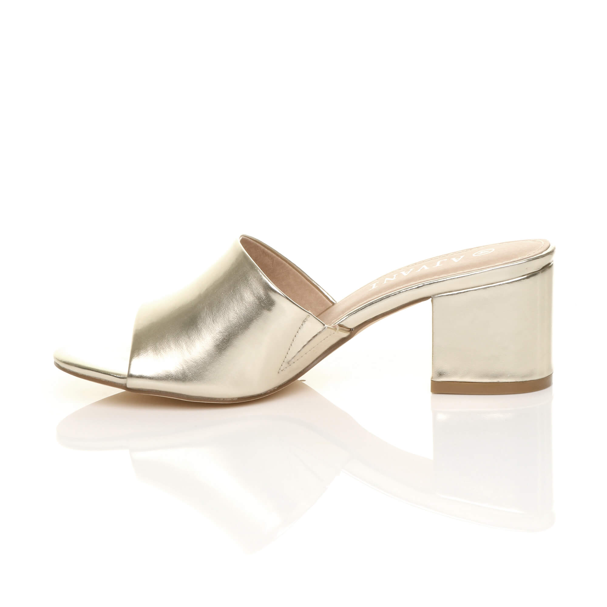 Gold AJVANI Gold Mid Block Heel Peep Toe Mules Sandals, Image 3 of 6