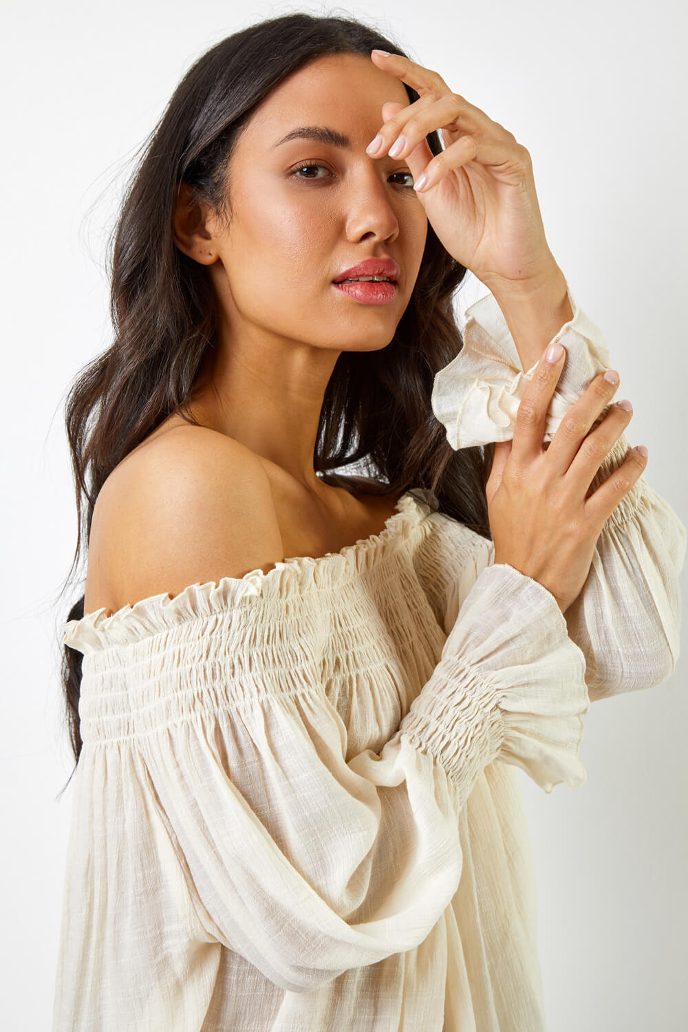 Cream Shirred Bardot Frill Detail Top, Image 5 of 5