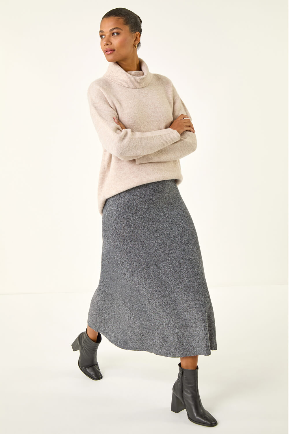 Grey Knitted Elastic Waist A Line Midi Skirt, Image 4 of 7