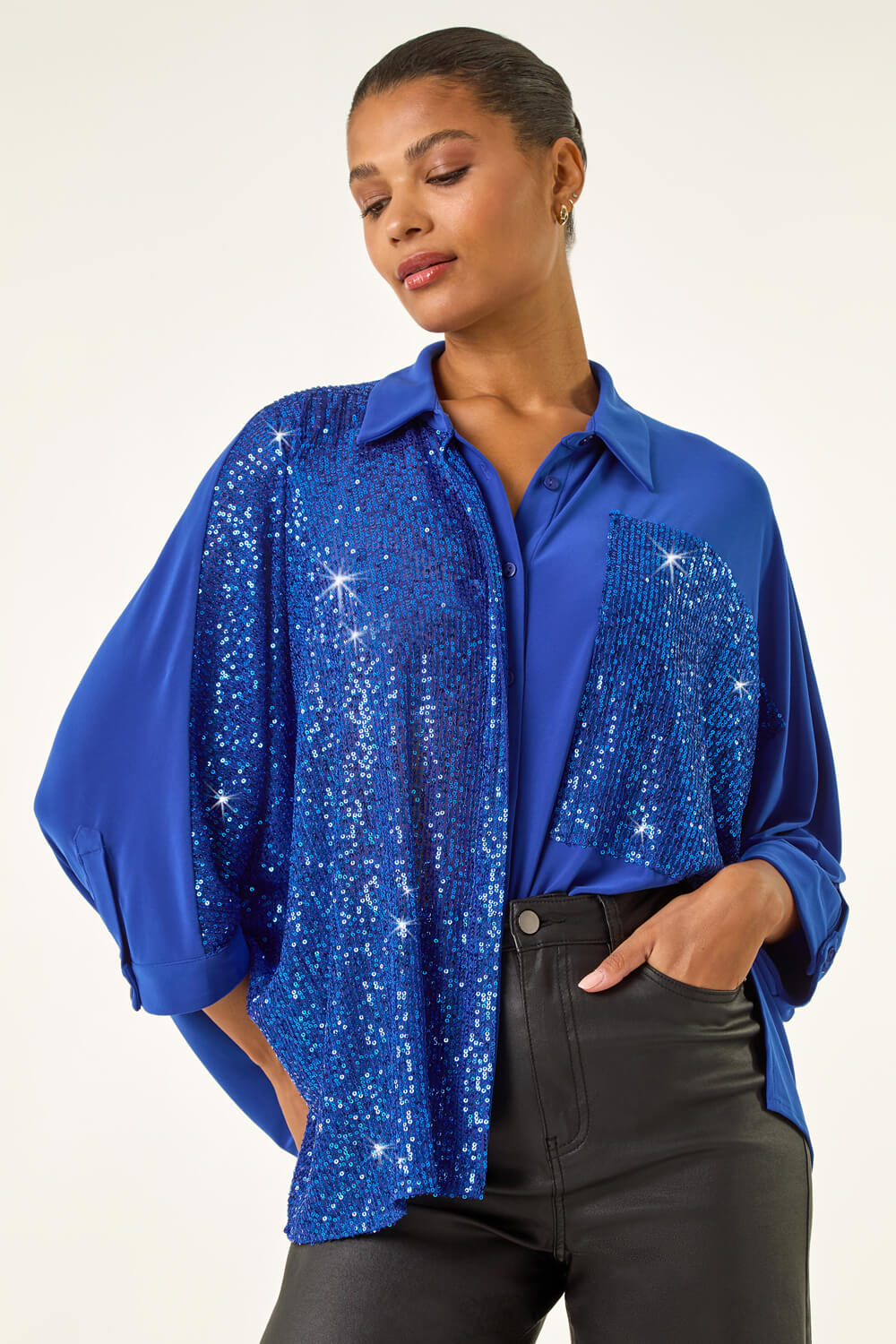 Royal Blue Sequin Buttoned Blouse , Image 1 of 5