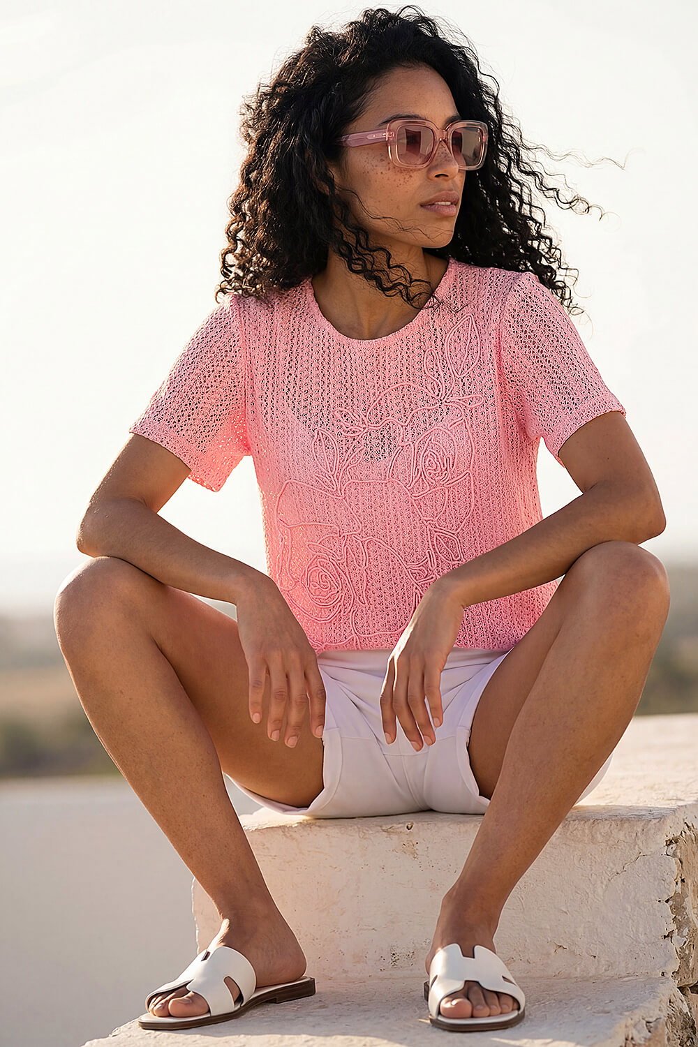 Pink Textured Floral Line Stretch Top, Image 3 of 4
