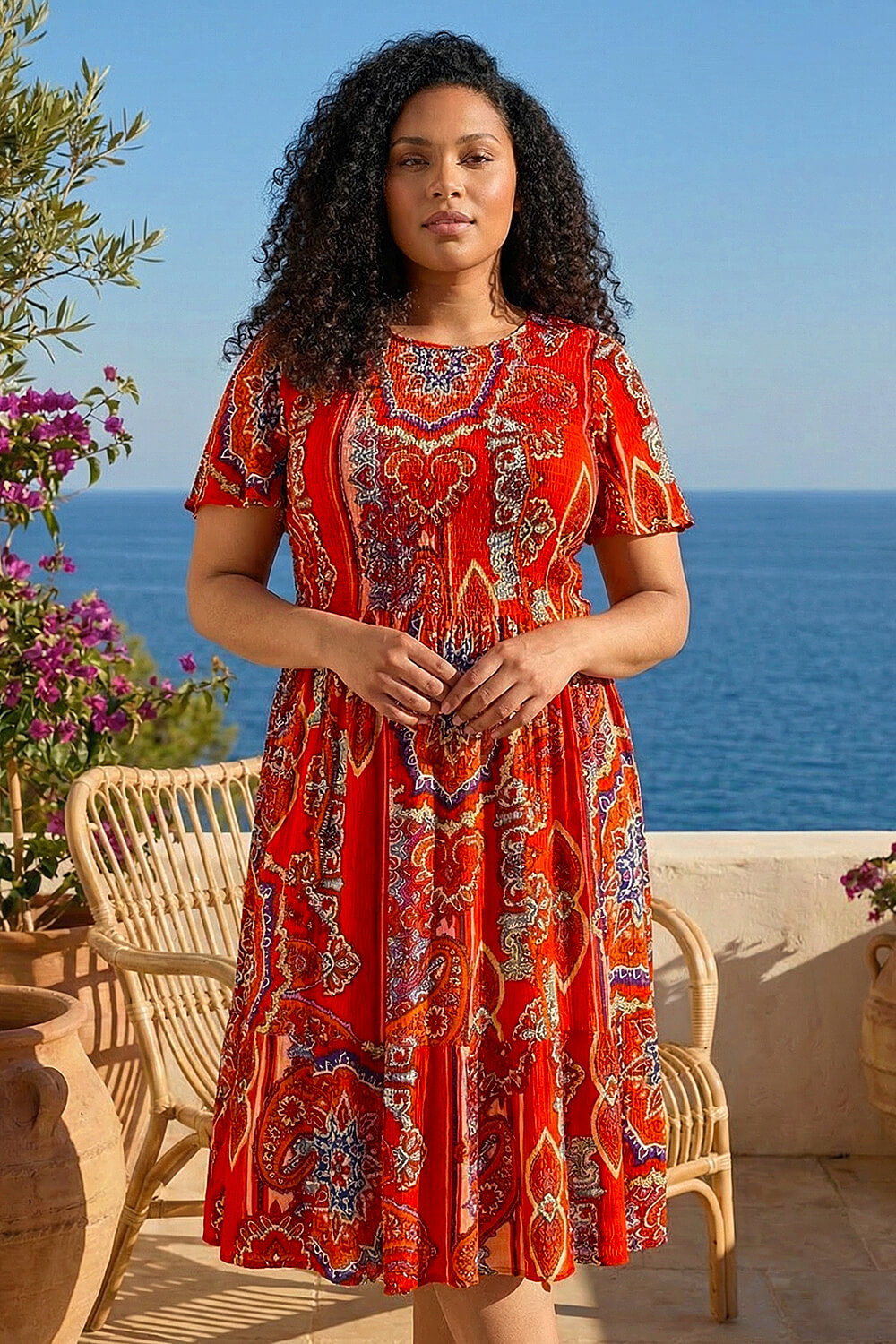 Red Curve Print Shirred Midi Dress, Image 3 of 4