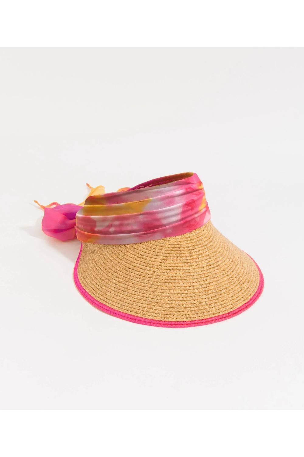Pink Misha - Chiffon Tie Straw Visor - Hot Pink, Image 3 of 3