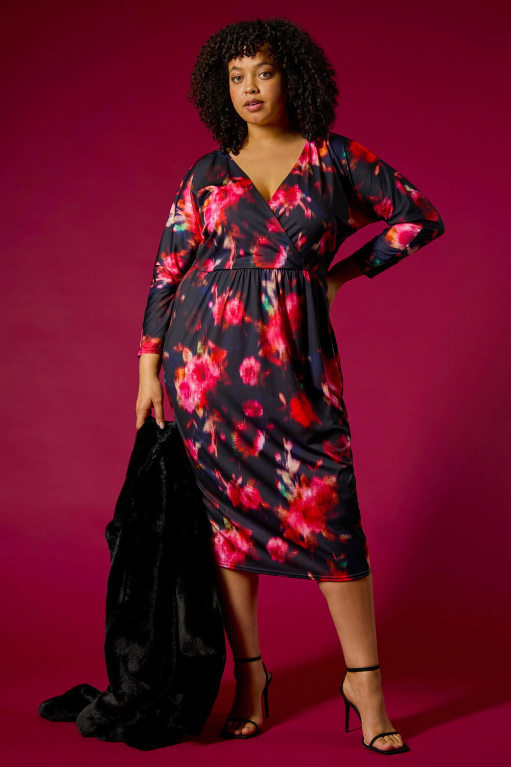 Red Curve Floral Print Mesh Midi Dress, Image 1 of 8