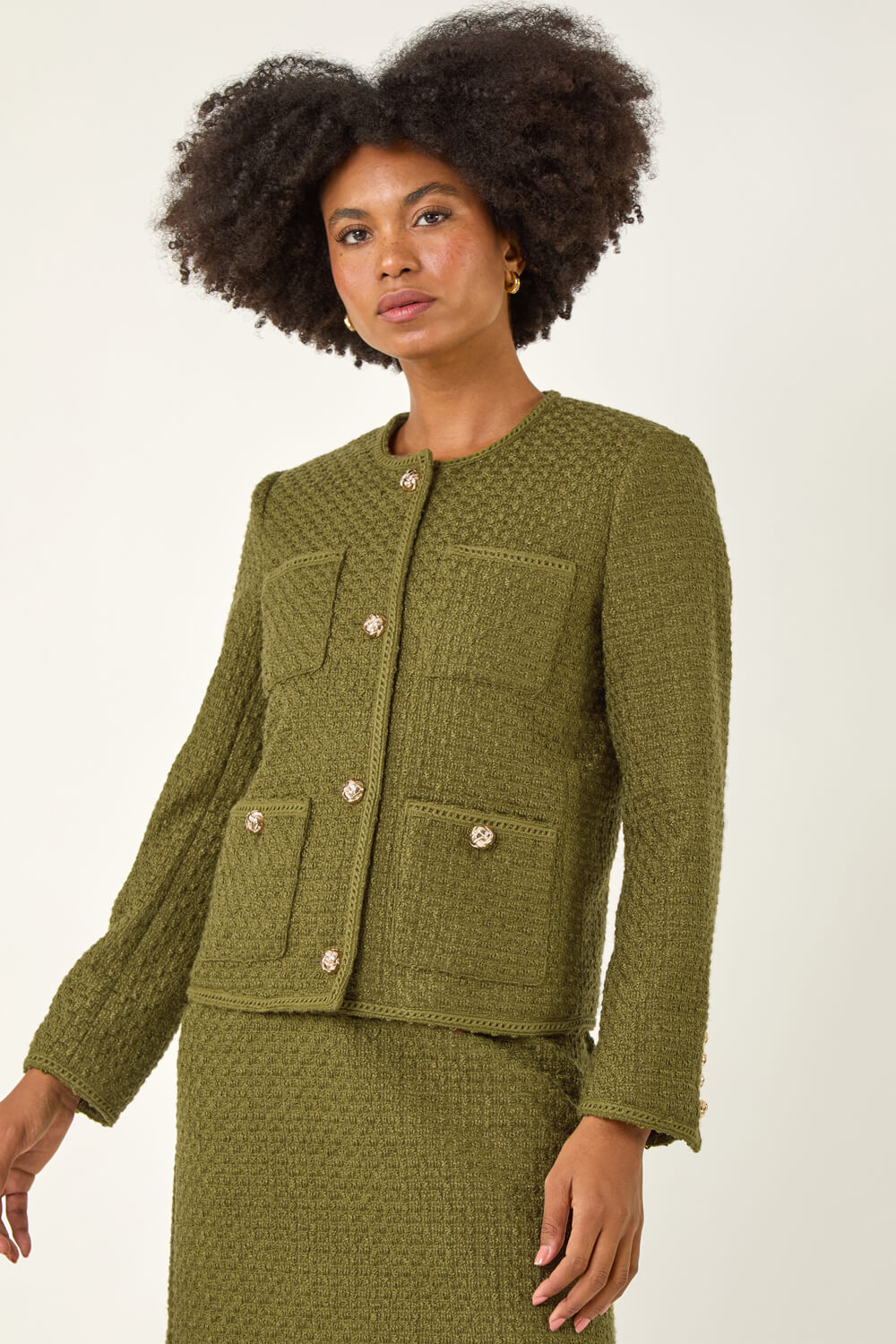 Olive Collarless Boucle Button Jacket, Image 3 of 5