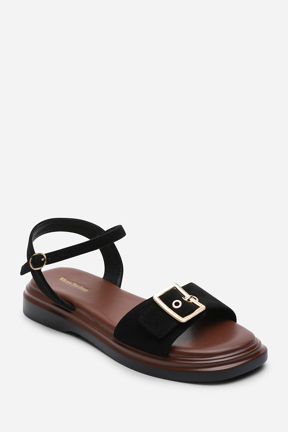 Black Coastal Front Buckle Flatform Suede Sandal, Image 3 of 6