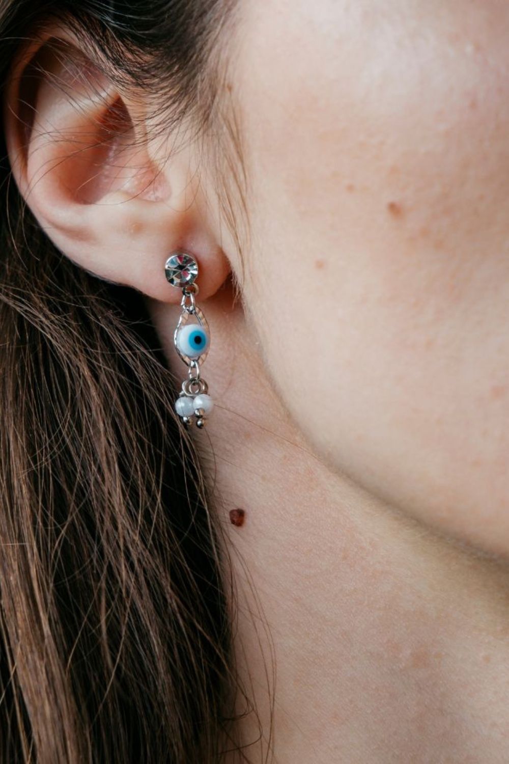 Silver The Colourful Aura Silver Tiny Pearl Zircon Evil Eye Dangle Stud Earrings, Image 1 of 2