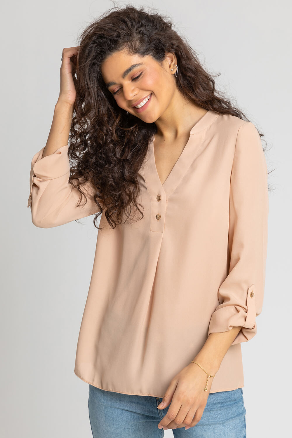 Camel Plain Buttoned Notch Neck Top, Image 1 of 4