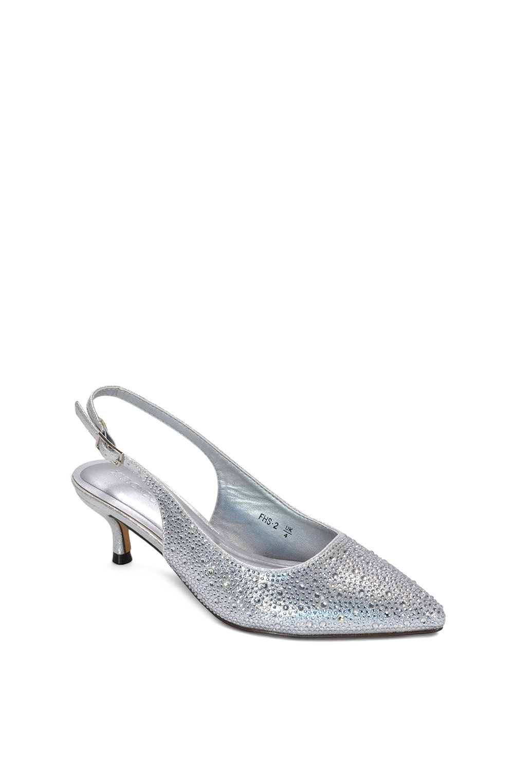Silver XY LONDON Silver Slingback Court Shoes Pointed Kitten Heels With Crystal Details, Image 2 of 6