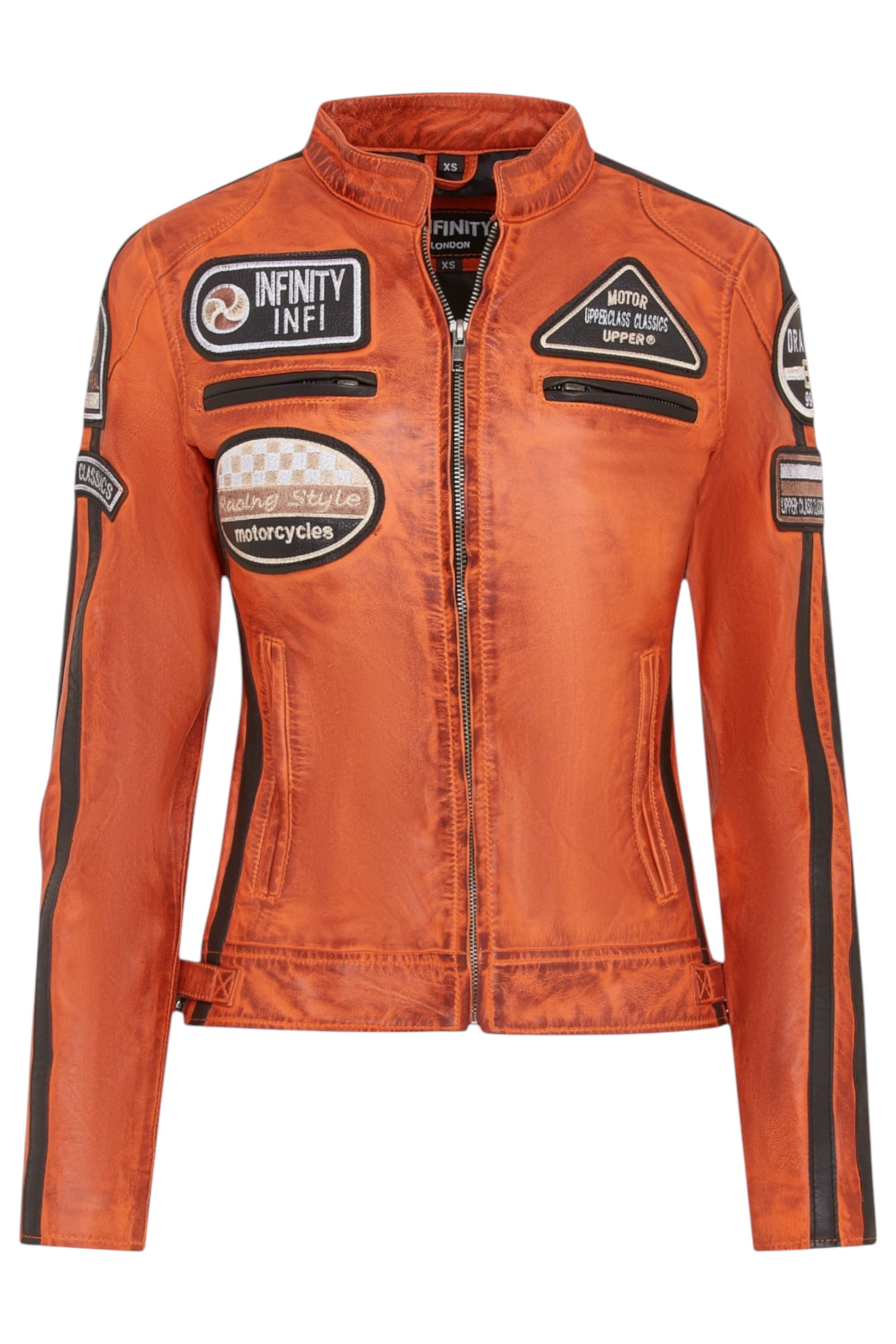 Orange Leather Biker Racing Badges Jacket, Image 1 of 5