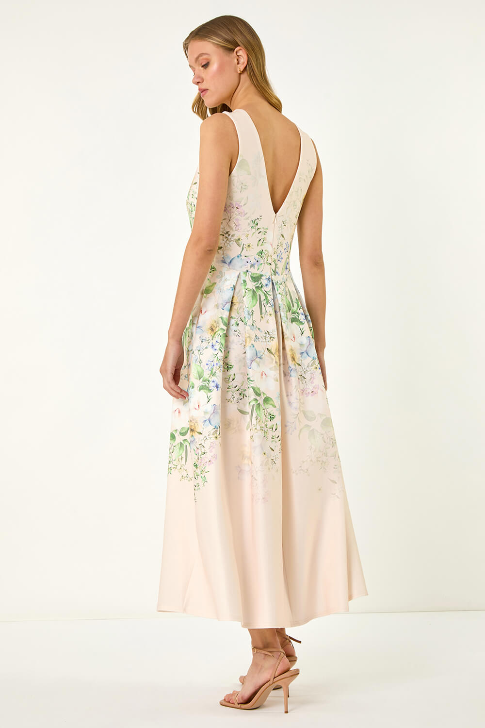 Cream Floral Print Stretch Midi Dress, Image 4 of 5